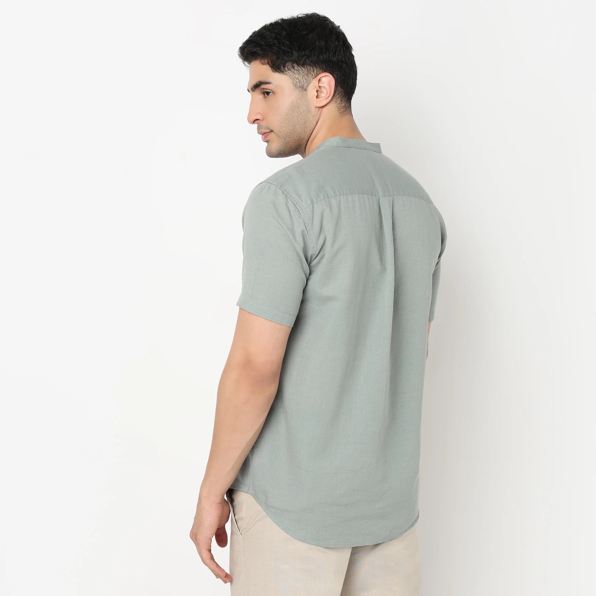 LininįµĖ£ - Linen Enriched Fine Natural Blend Shirt Half Sleeve Band Collar - Image 38