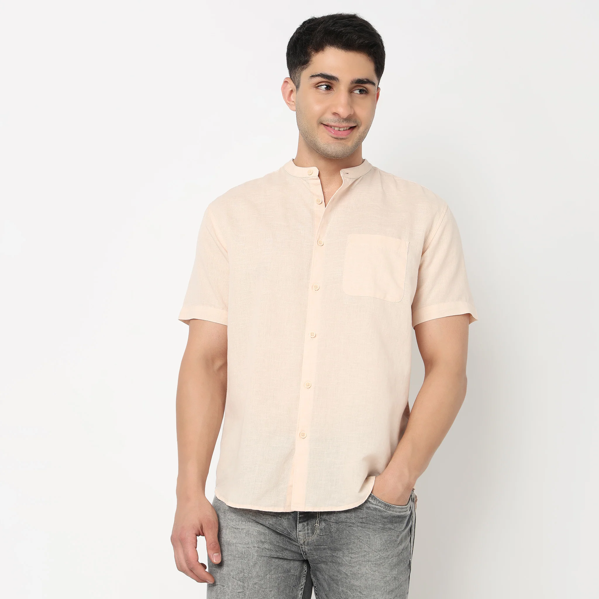 LininįµĖ£ - Linen Enriched Fine Natural Blend Shirt Half Sleeve Band Collar - Image 42