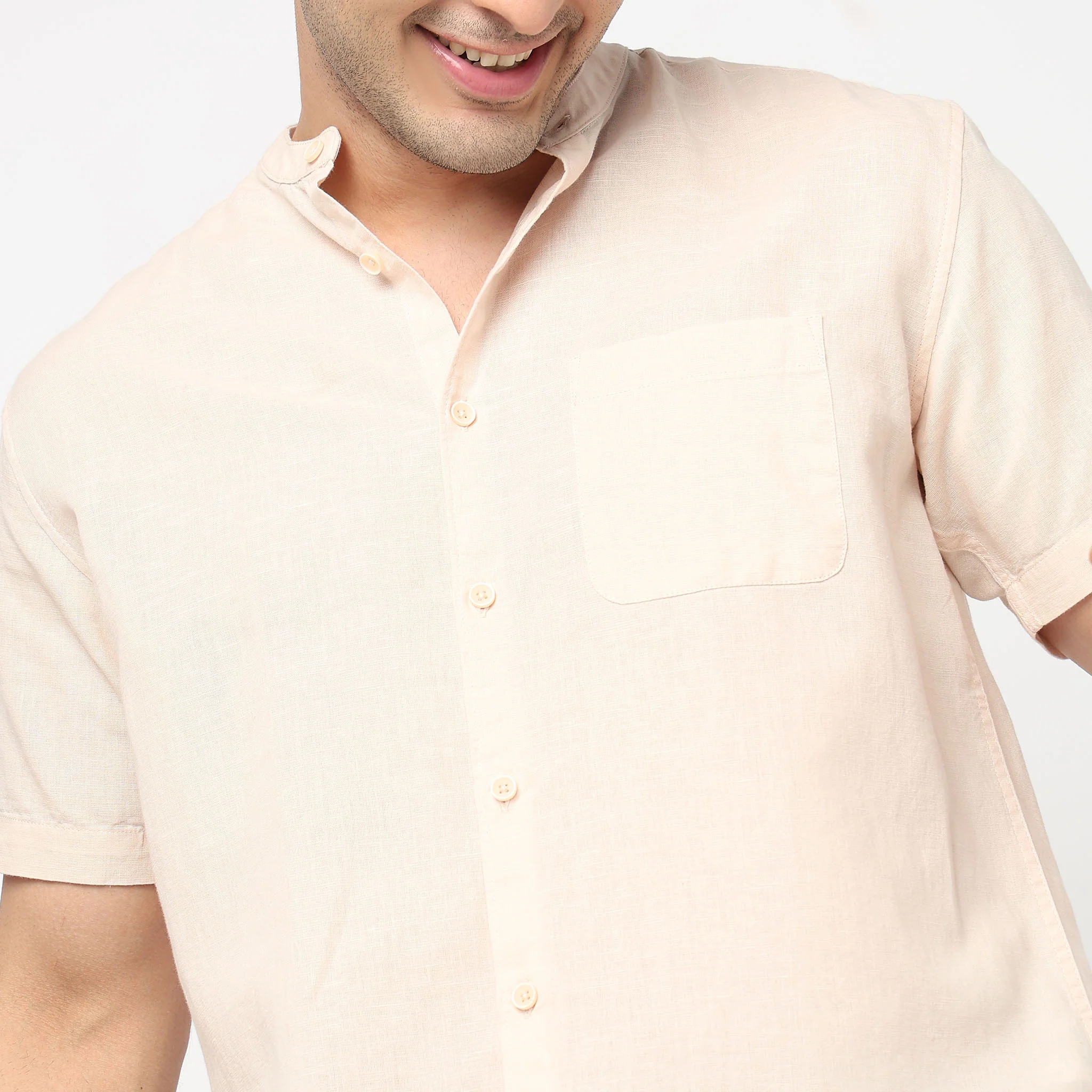 LininįµĖ£ - Linen Enriched Fine Natural Blend Shirt Half Sleeve Band Collar - Image 44
