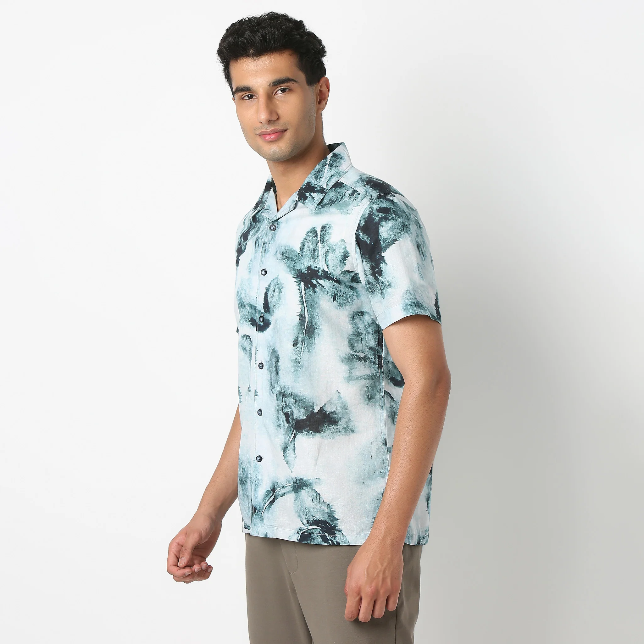 LininįµĖ£ - Linen Enriched Fine Natural Blend Shirts Printed Half Sleeve Camp Collar