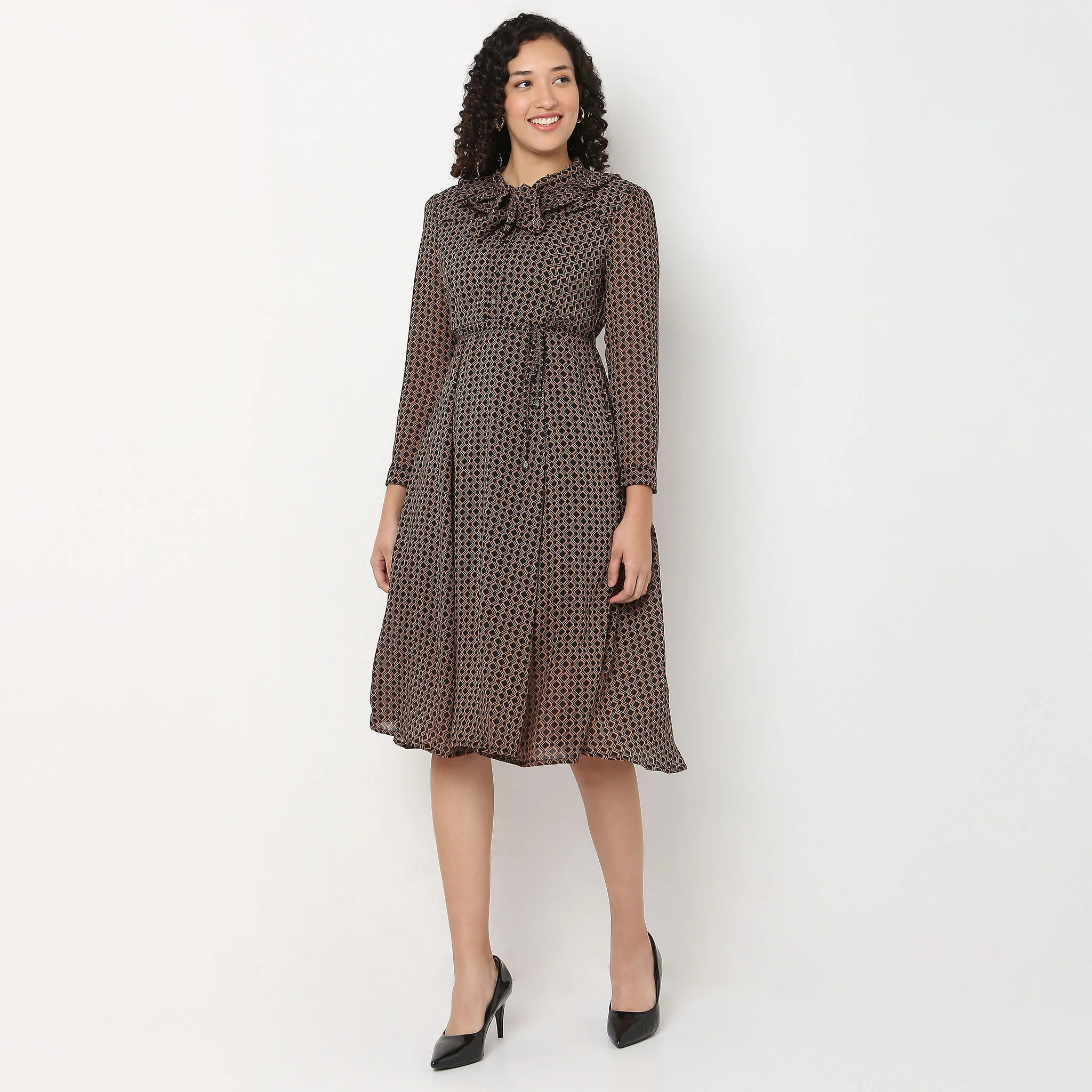 Printed High Neck Dress With self-tie bow detail - Image 2