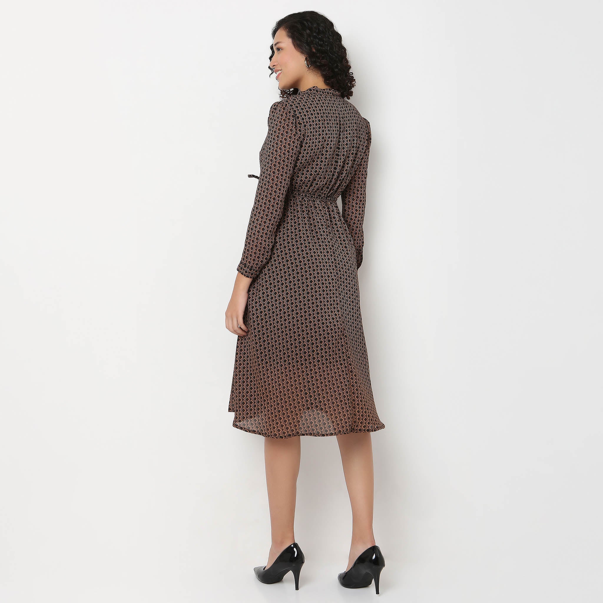 Printed High Neck Dress With self-tie bow detail - Image 3