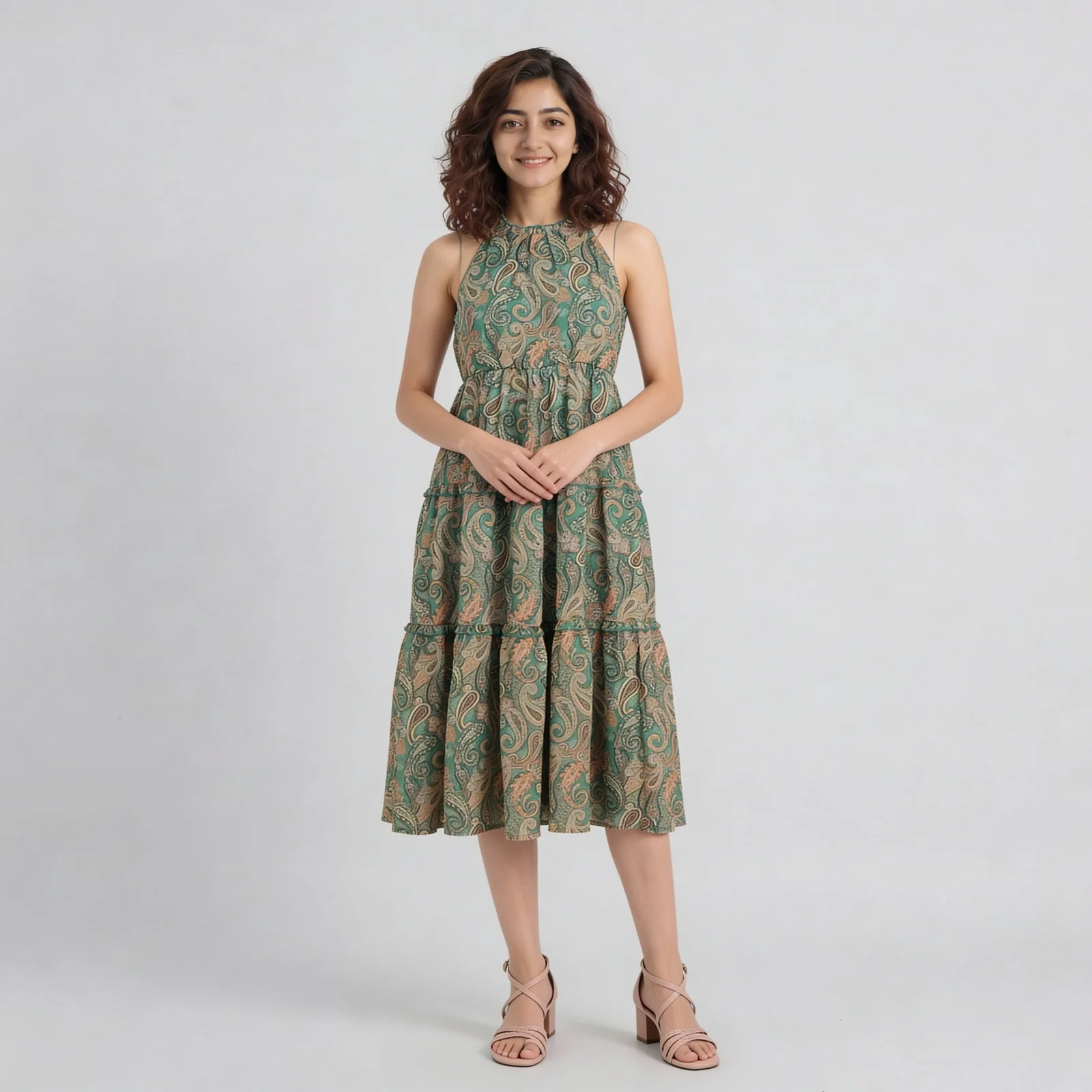 Printed High Neck Smocked Tiered Dress - Image 2