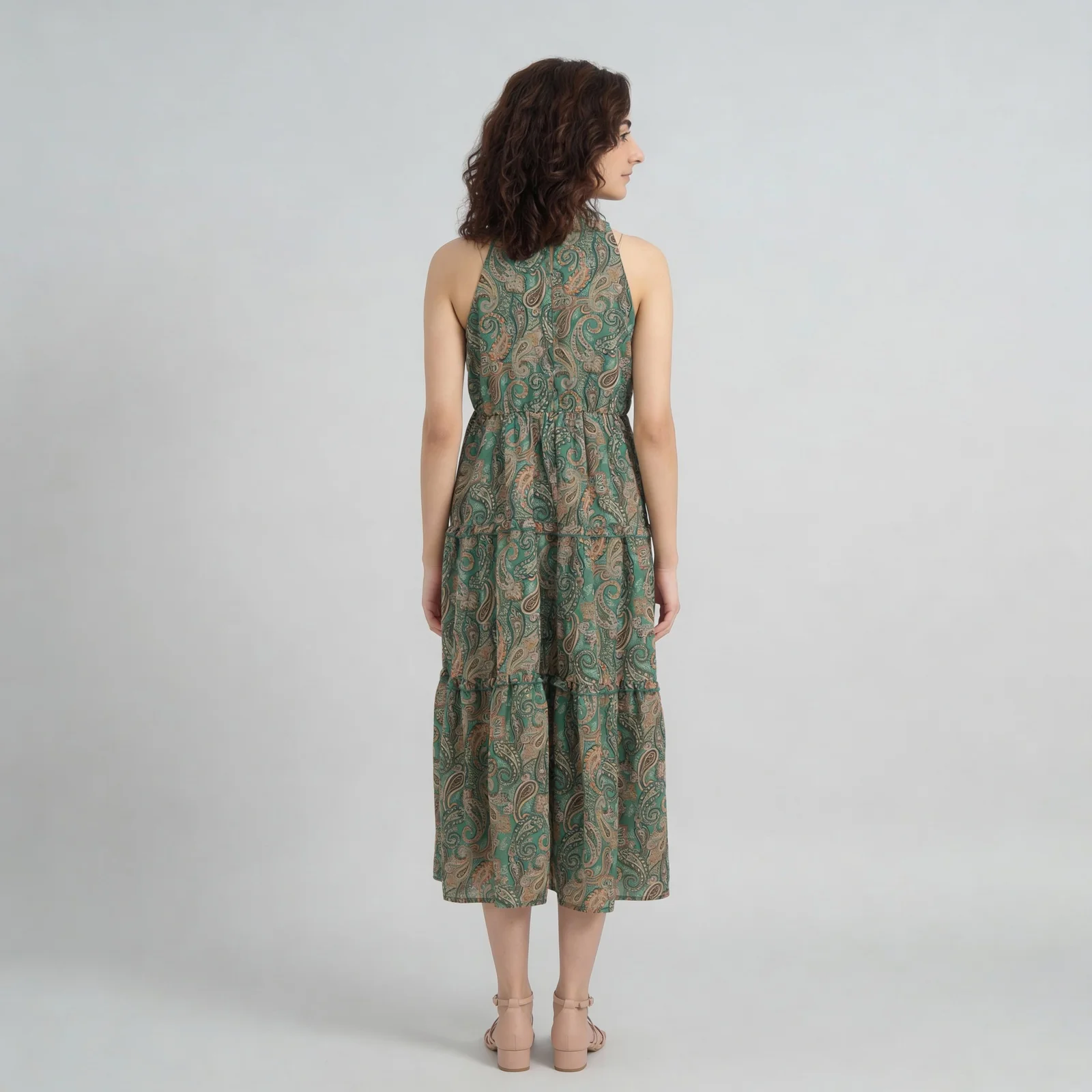 Printed High Neck Smocked Tiered Dress - Image 3