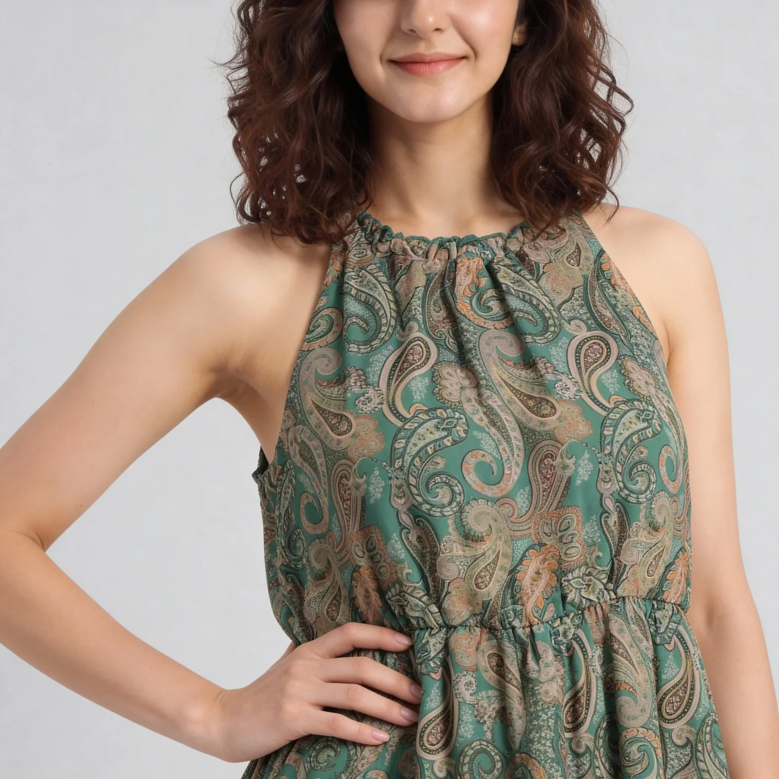 Printed High Neck Smocked Tiered Dress - Image 4