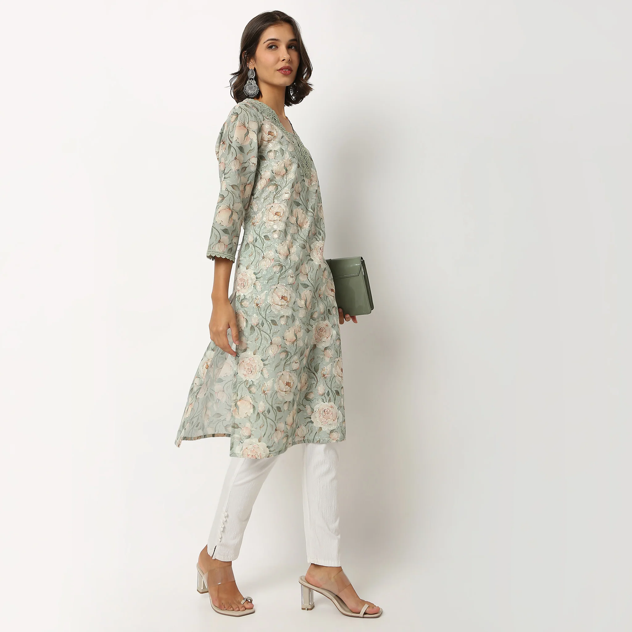 Printed V Neck Flared Kurta