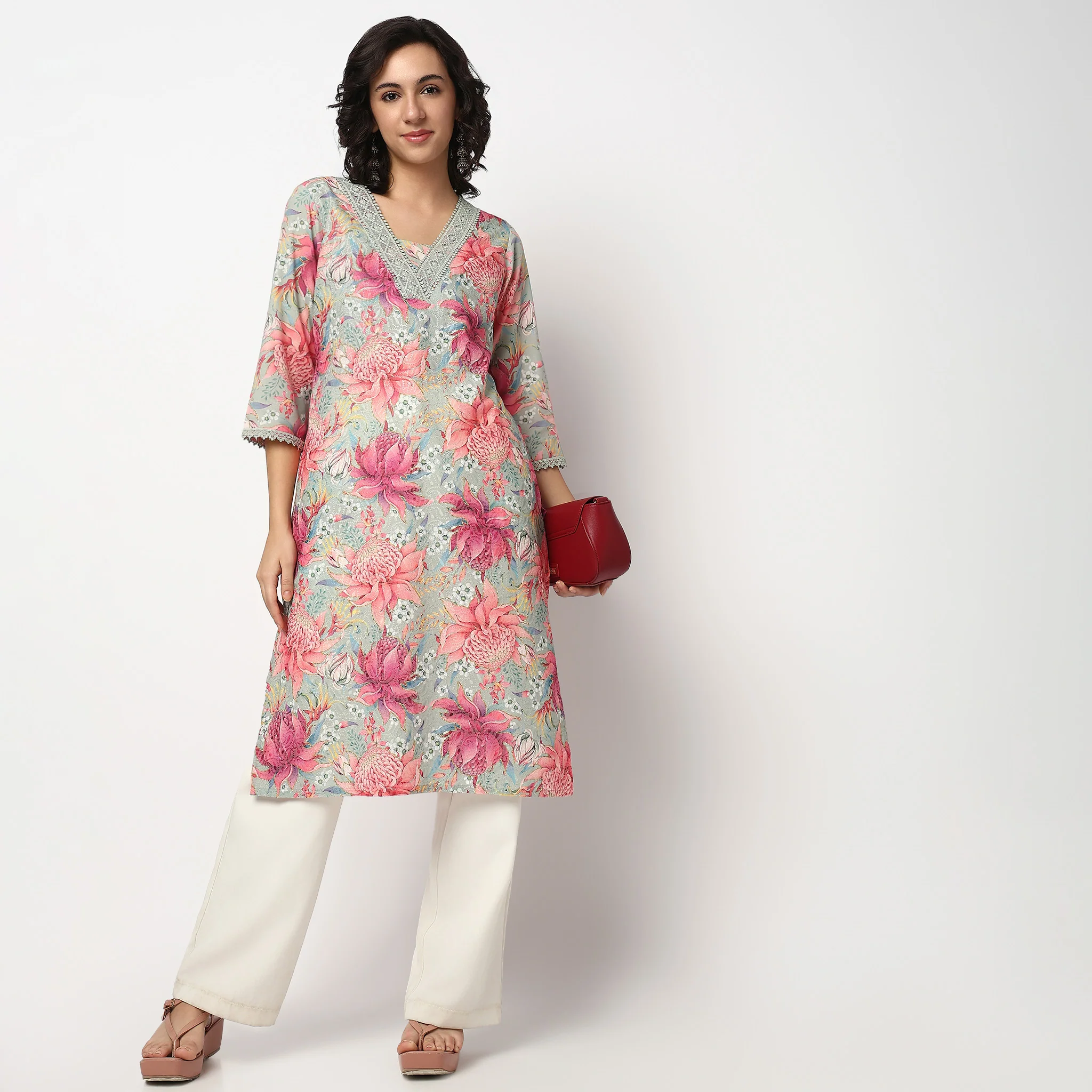 Printed V Neck Flared Kurta