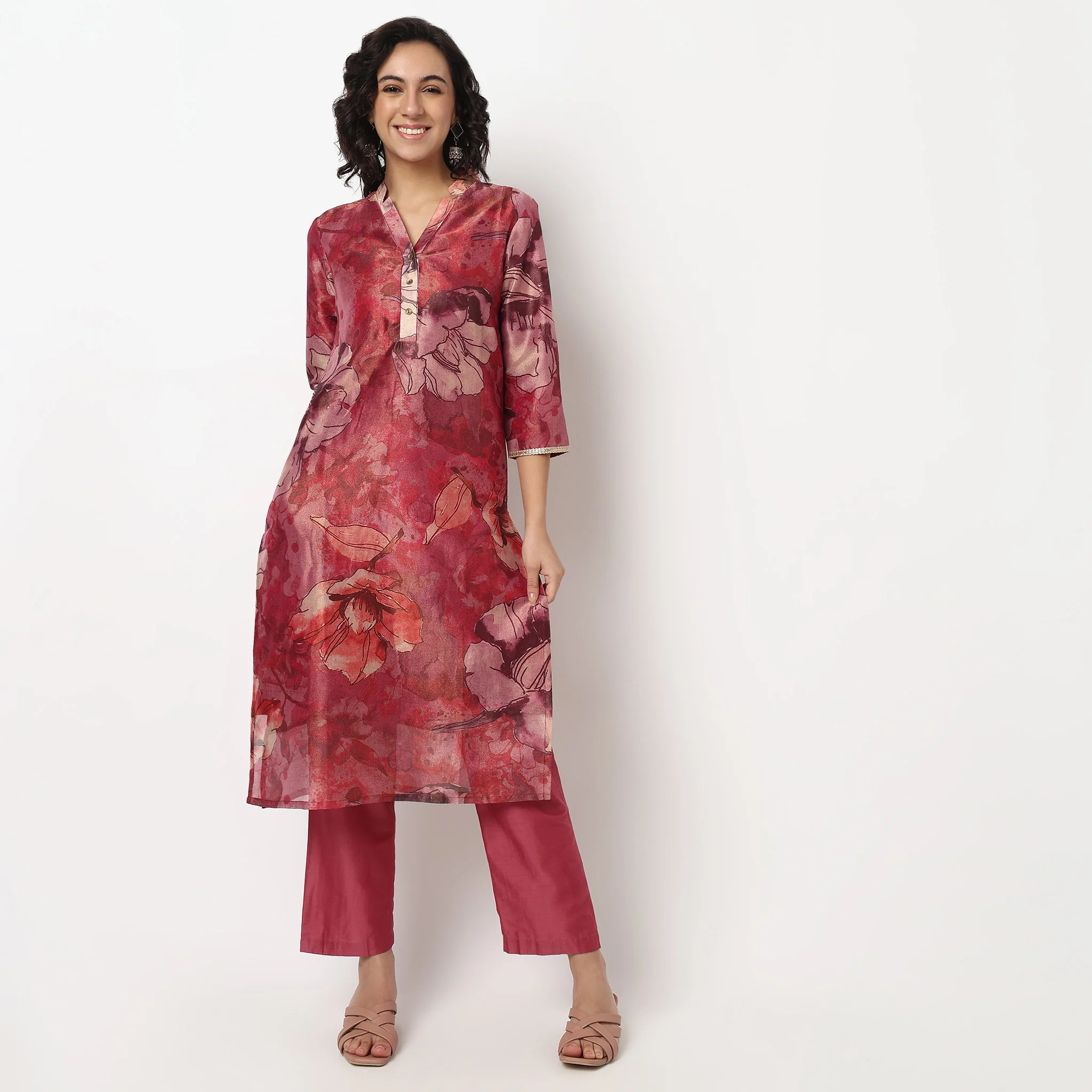 Printed V-Neck Kurta Set - Image 2