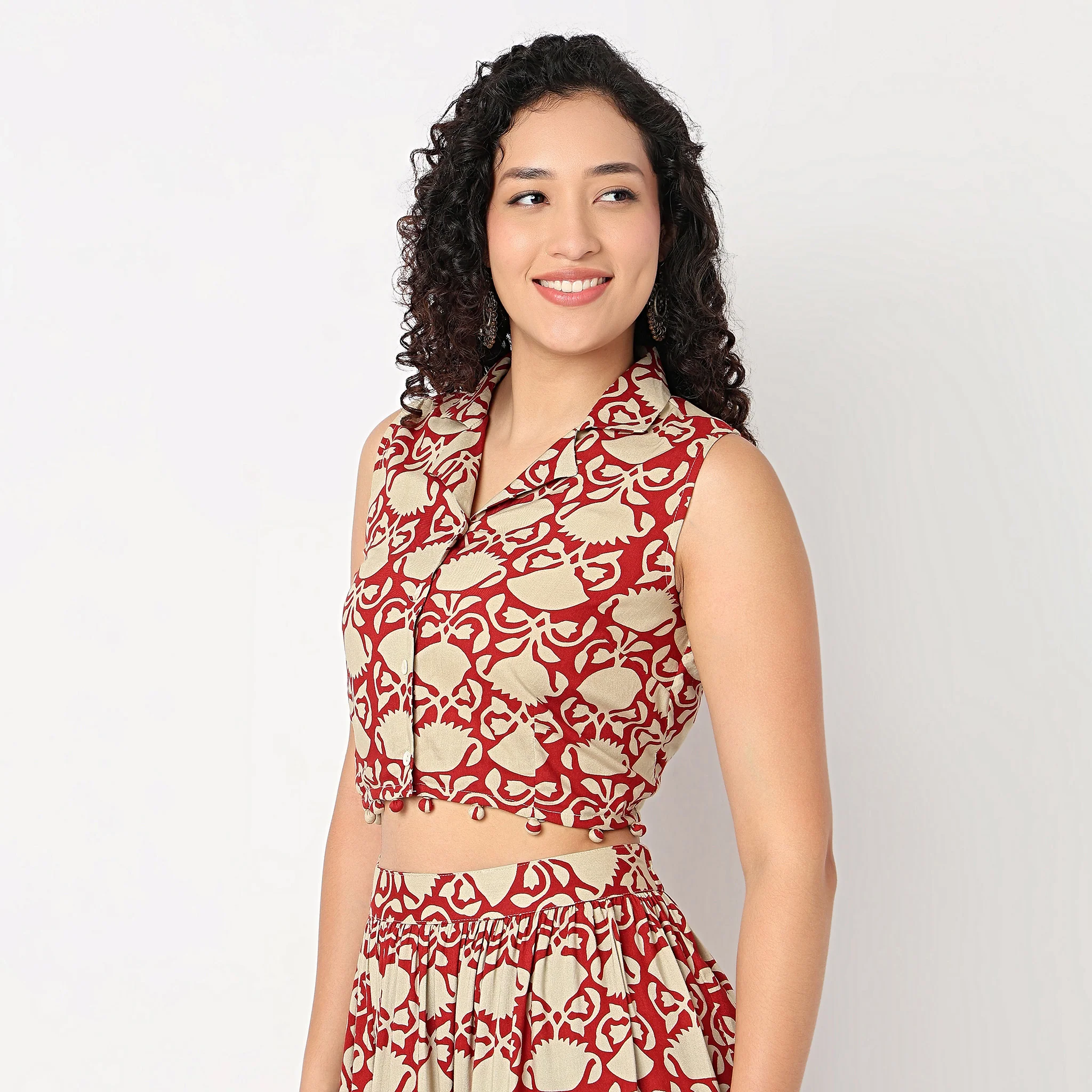 Printed Lapel Collar Crop Top - Image 5