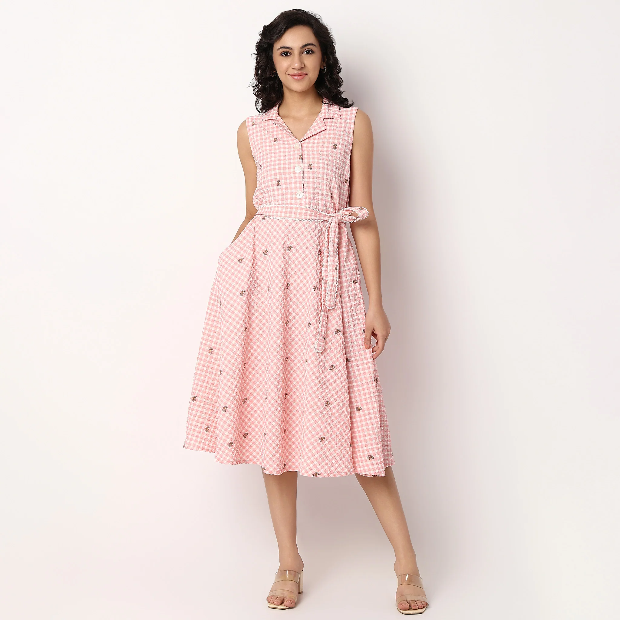 Printed Flared Dress With Waist Tie-Up Detail - Image 2