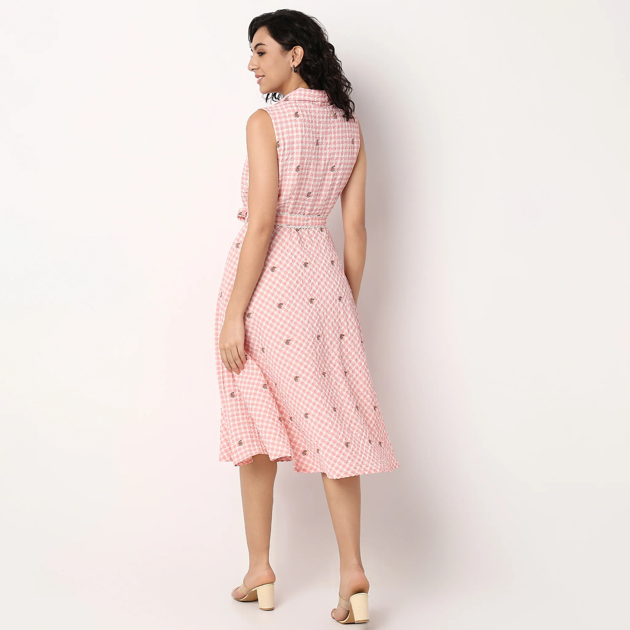 Printed Flared Dress With Waist Tie-Up Detail - Image 3