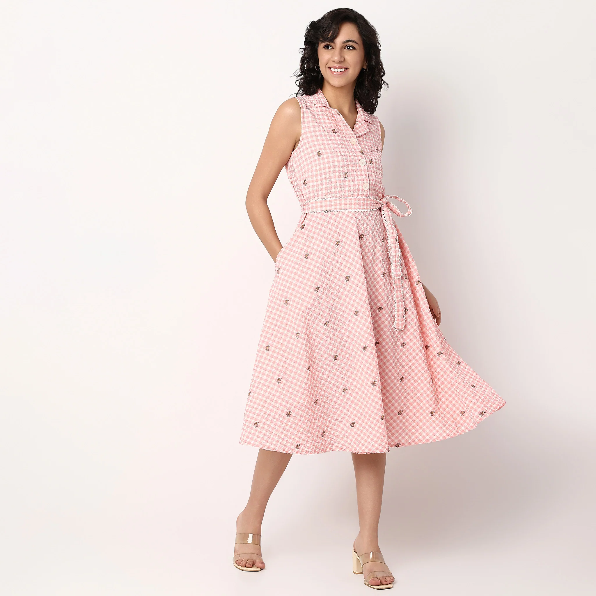 Printed Flared Dress With Waist Tie-Up Detail - Image 5