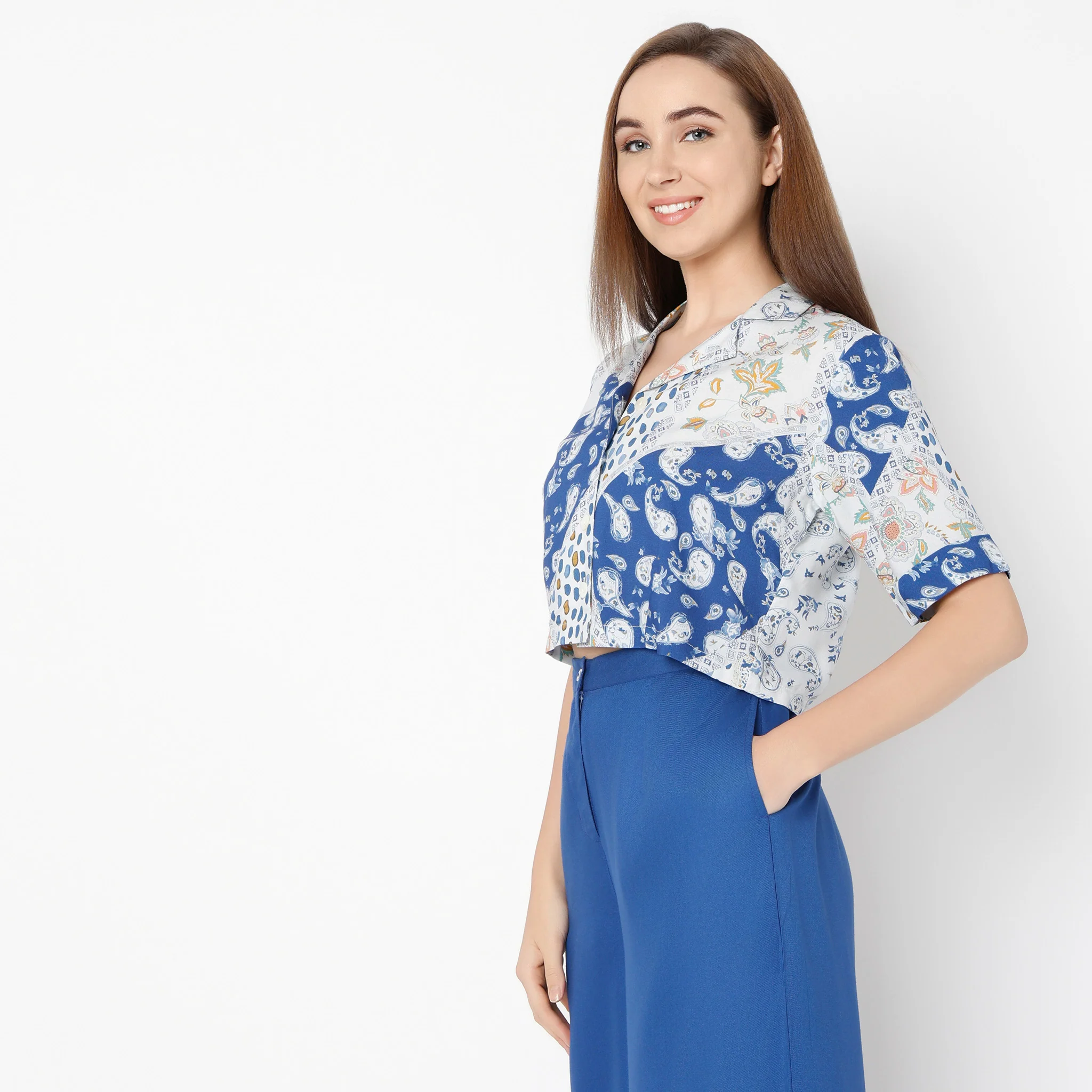Printed Lapel Collar Straight Short Sleeve Crop Shirt - Image 5