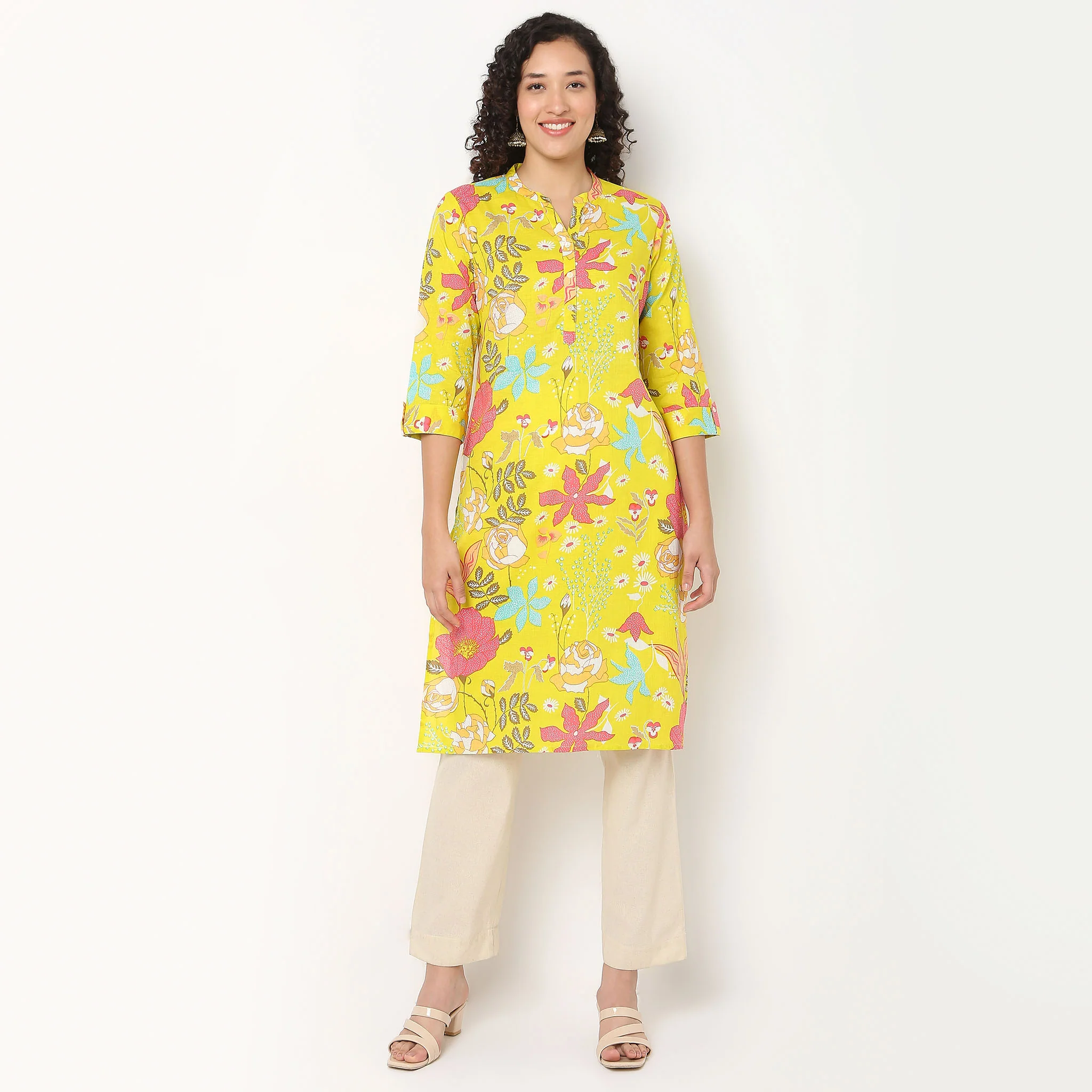 Printed V Neck Long Kurta with Lace - Image 2