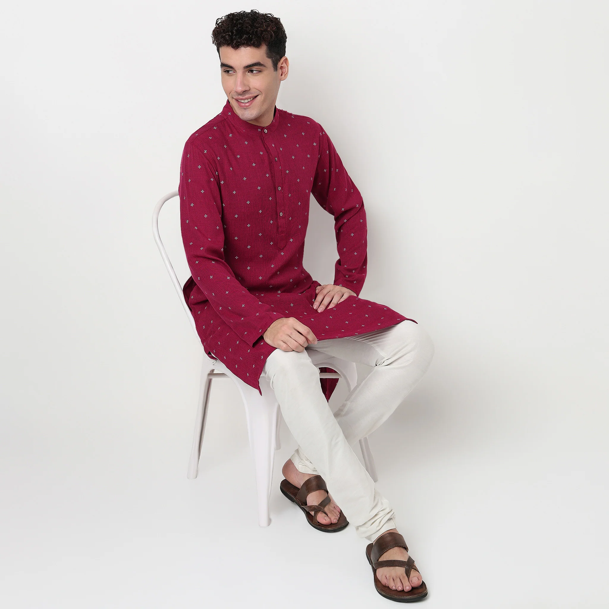 Printed Yarn Dyed Mandarin Collar Long Kurta