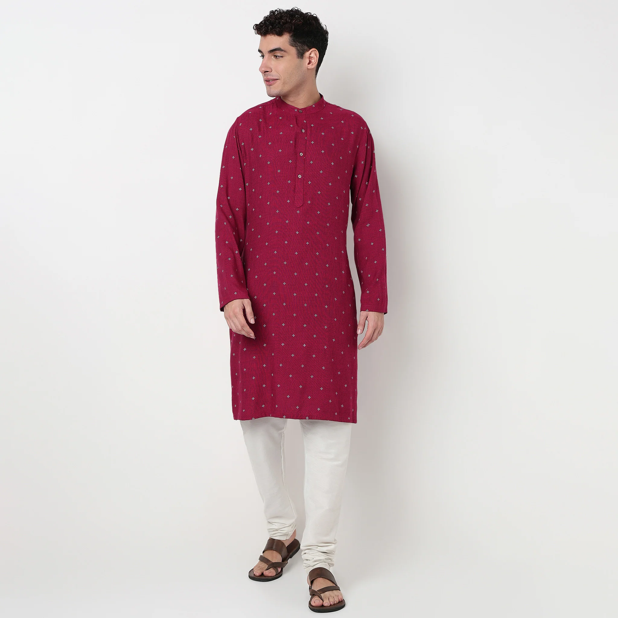 Printed Yarn Dyed Mandarin Collar Long Kurta - Image 2