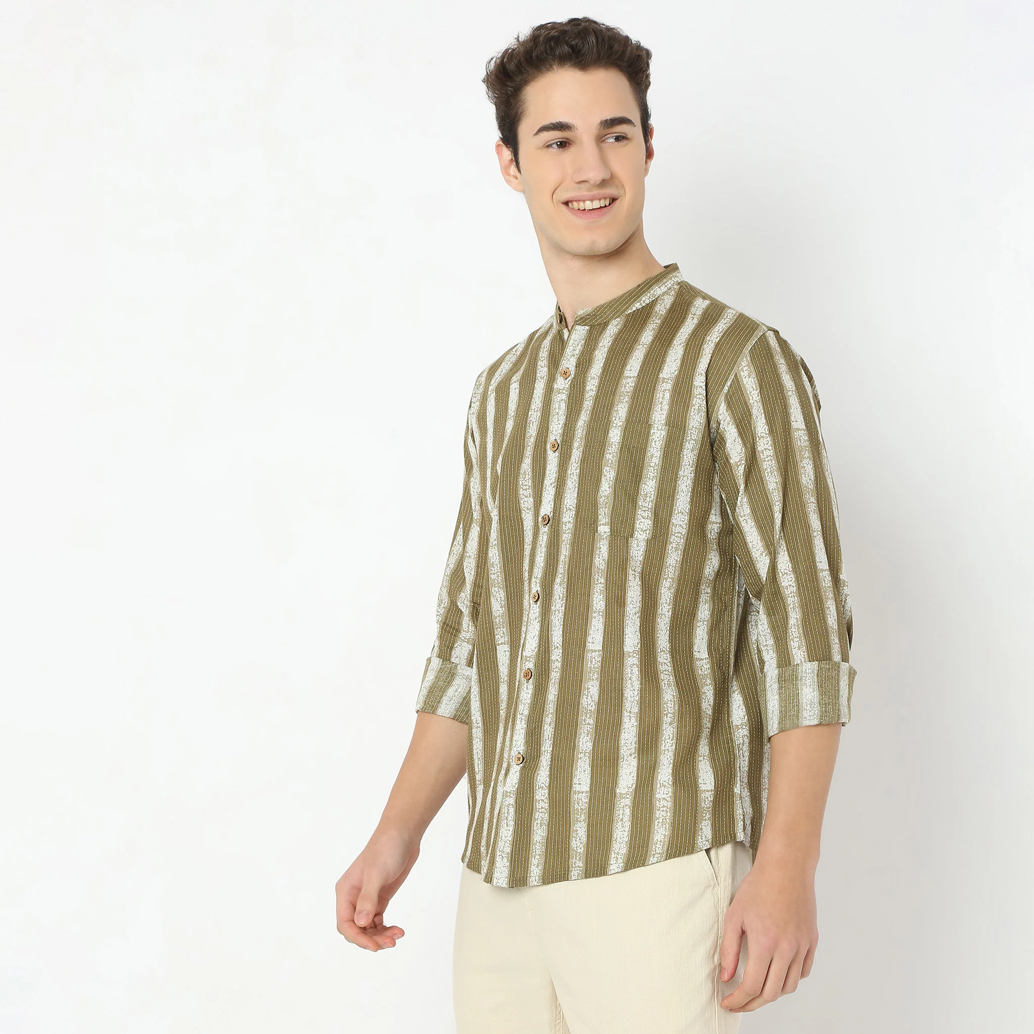 Printed Mandarin Collar Straight Structured Fabric Striped Shirt - Image 4