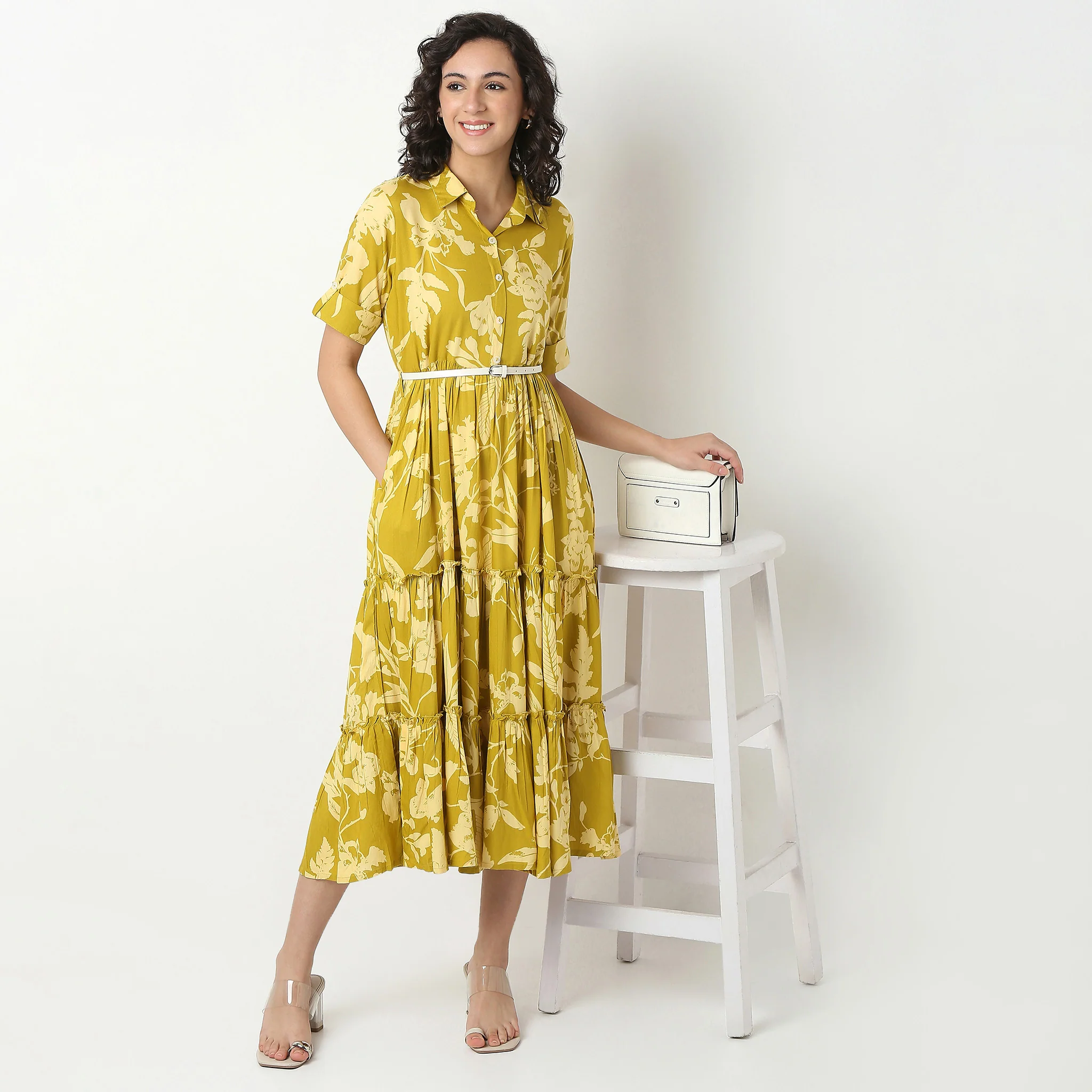 Belted Shirt Tiered Dress