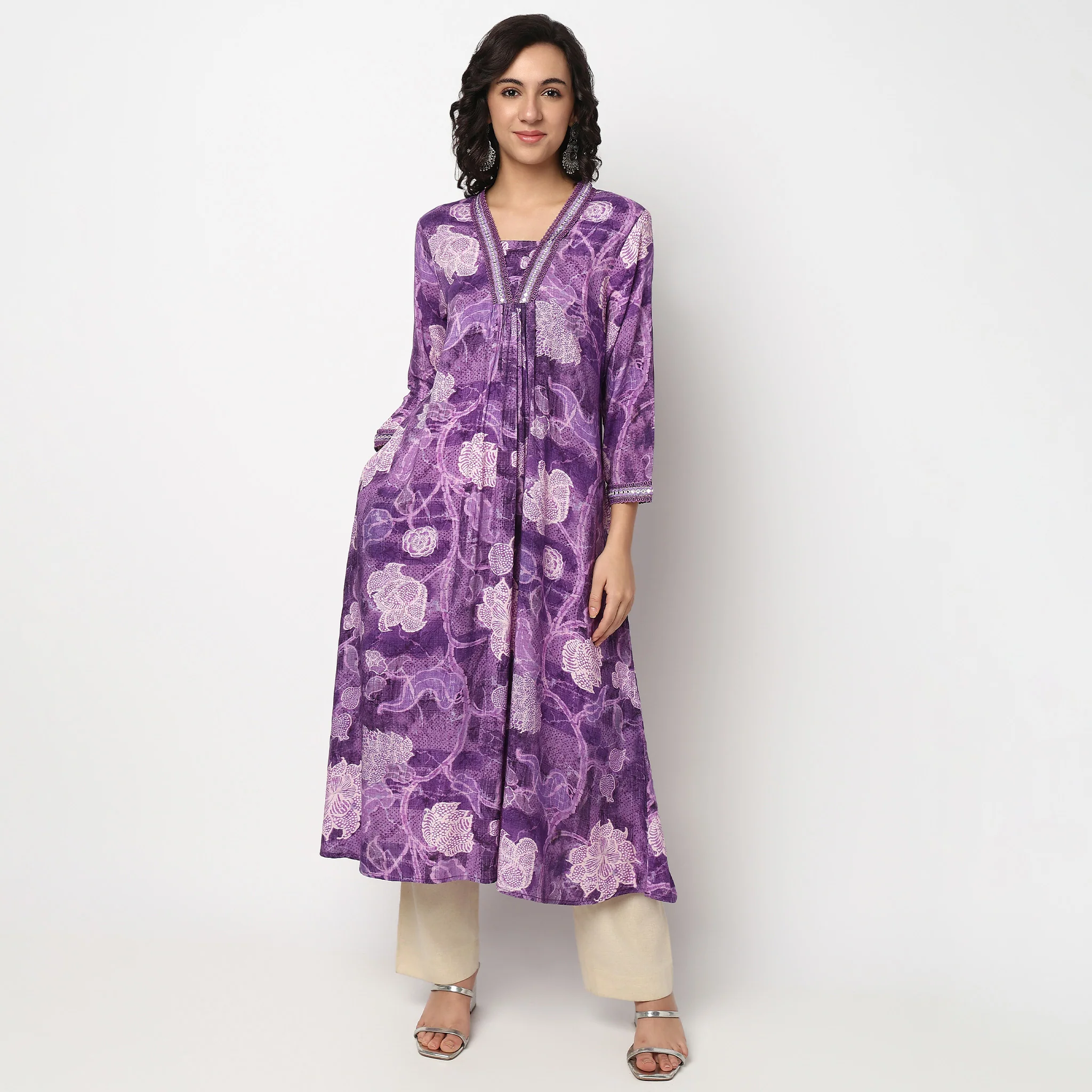 Printed V-Neck Flared Kurta