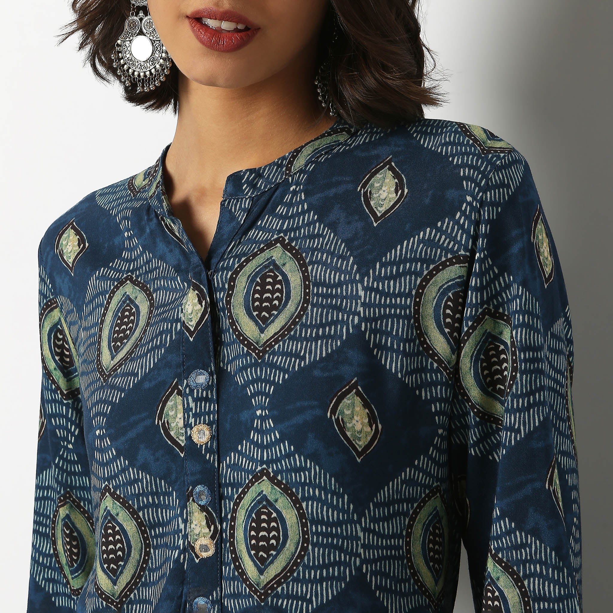 Printed Band Collar Kurta - Image 4