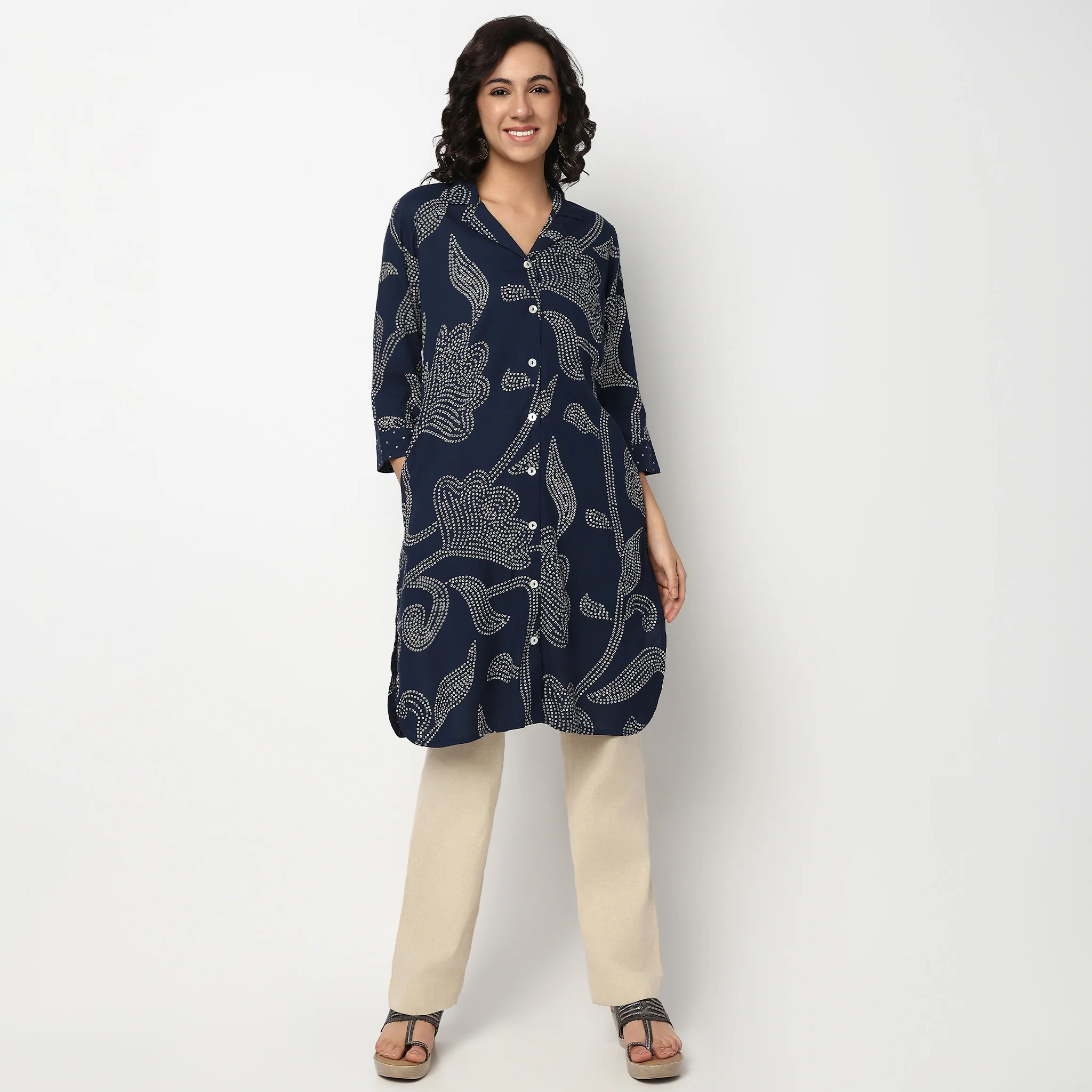 Printed Lapel Collar Kurta - Image 2