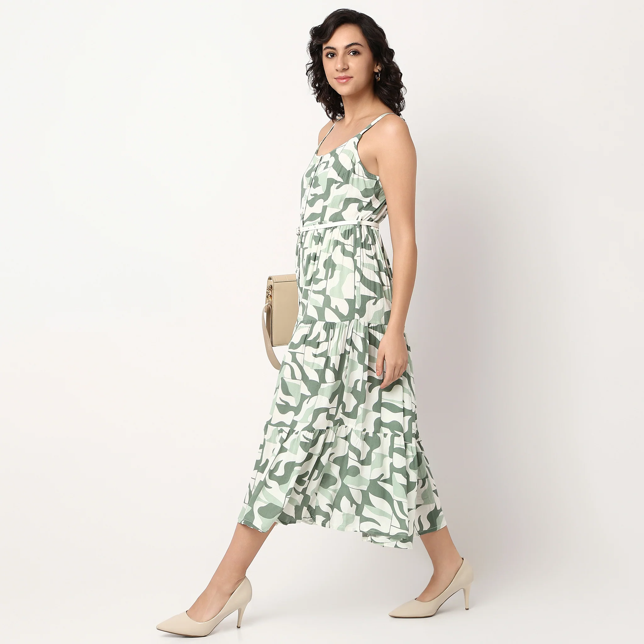 Scoop Neck Printed Strappy Tiered Dress