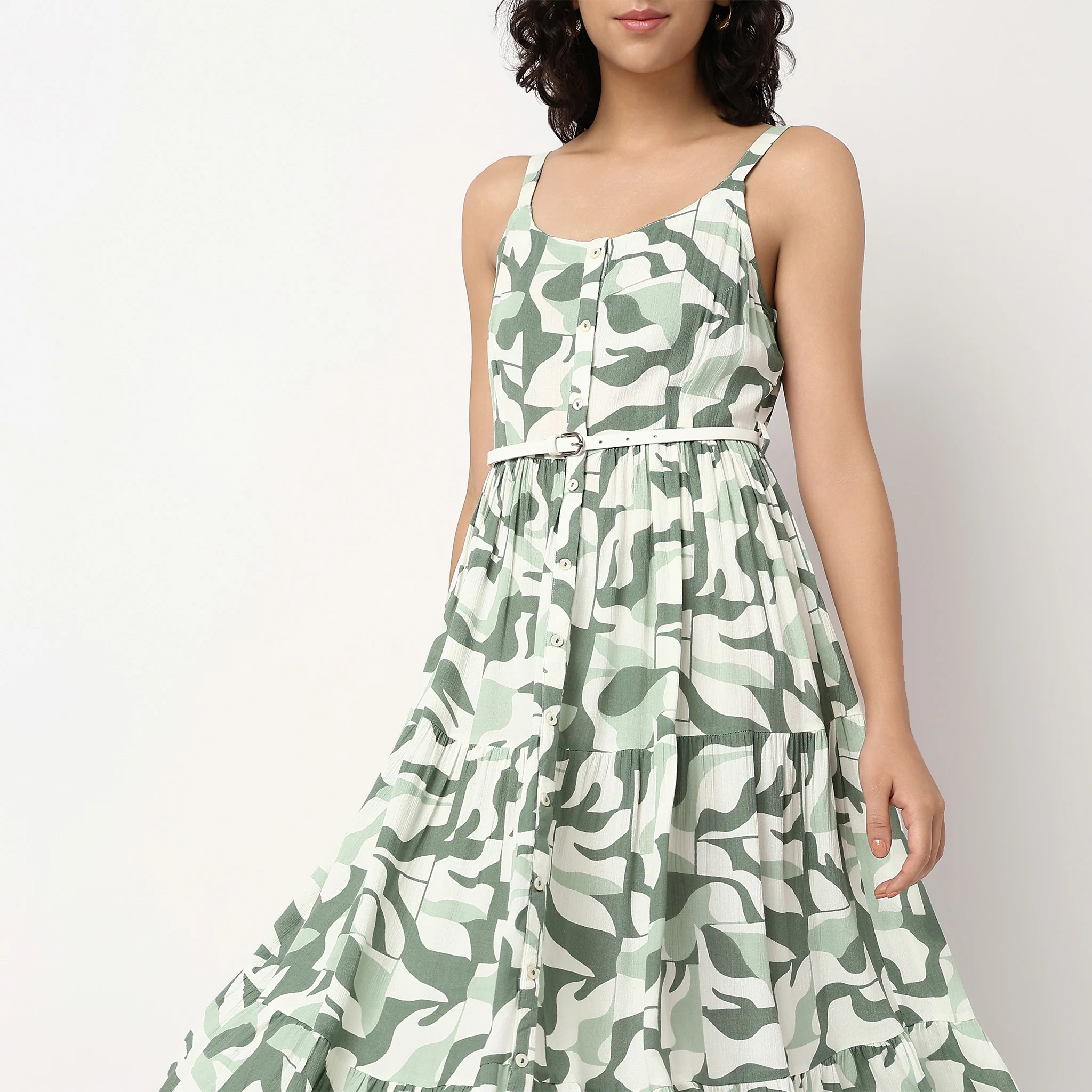 Scoop Neck Printed Strappy Tiered Dress - Image 4