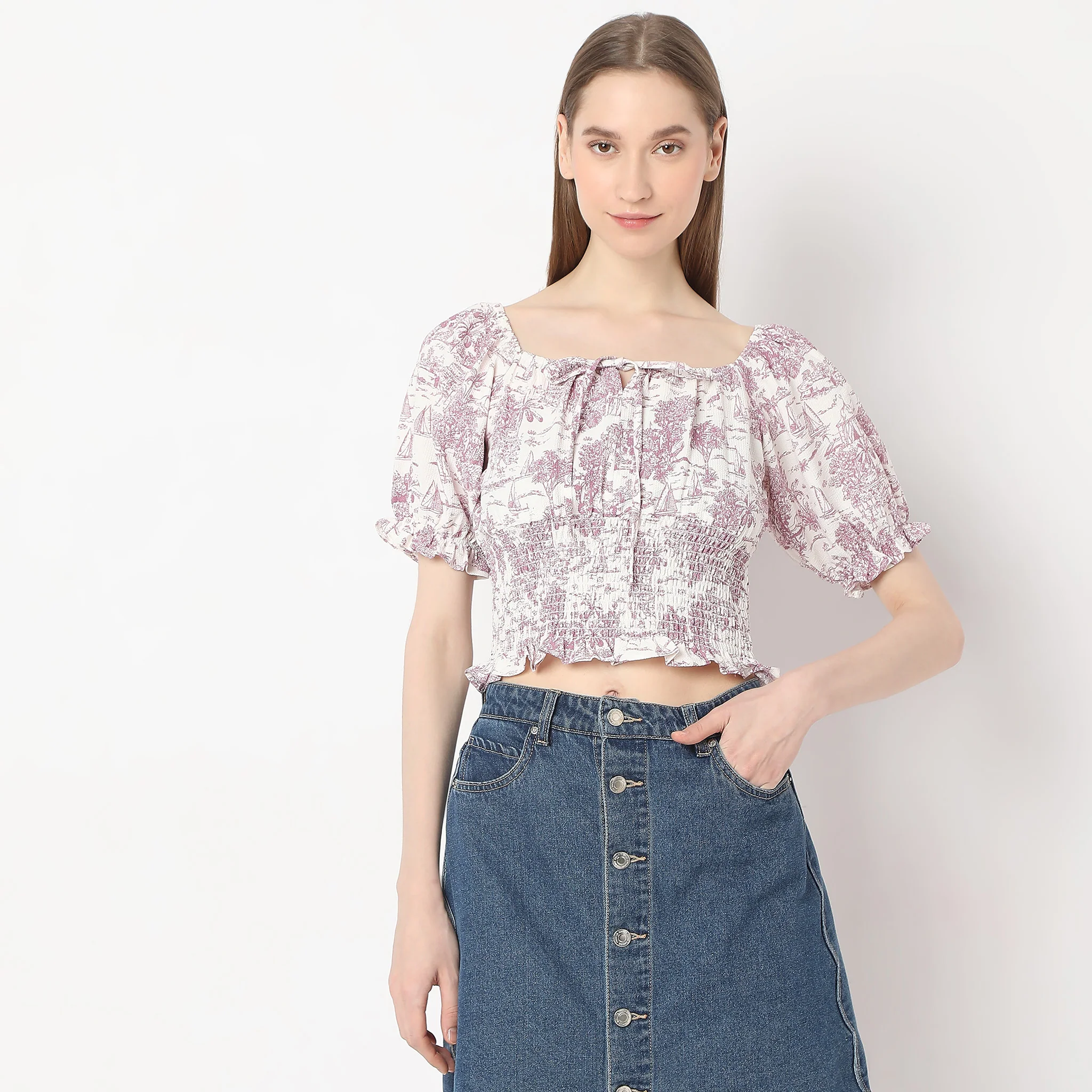 Printed Scoop Neck Ruched Trendy Crop Top - Image 2