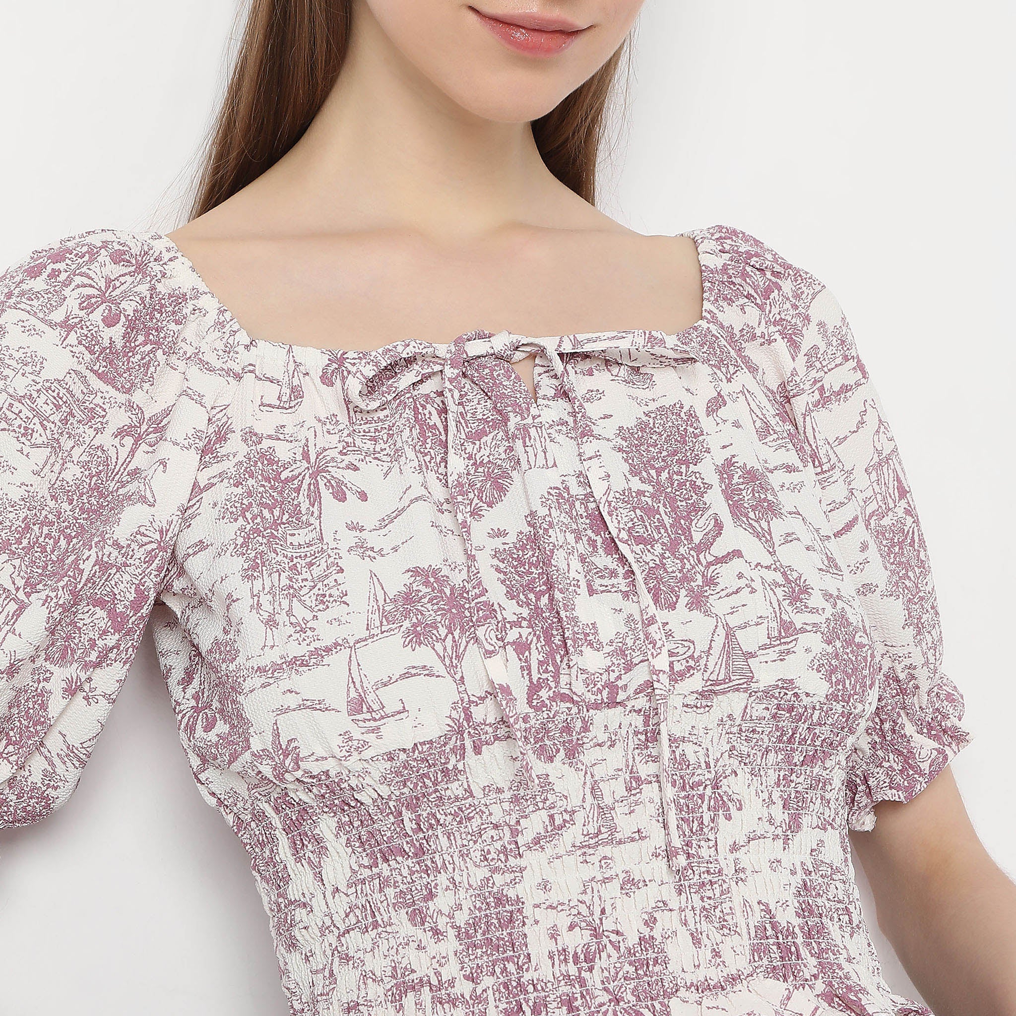 Printed Scoop Neck Ruched Trendy Crop Top - Image 4