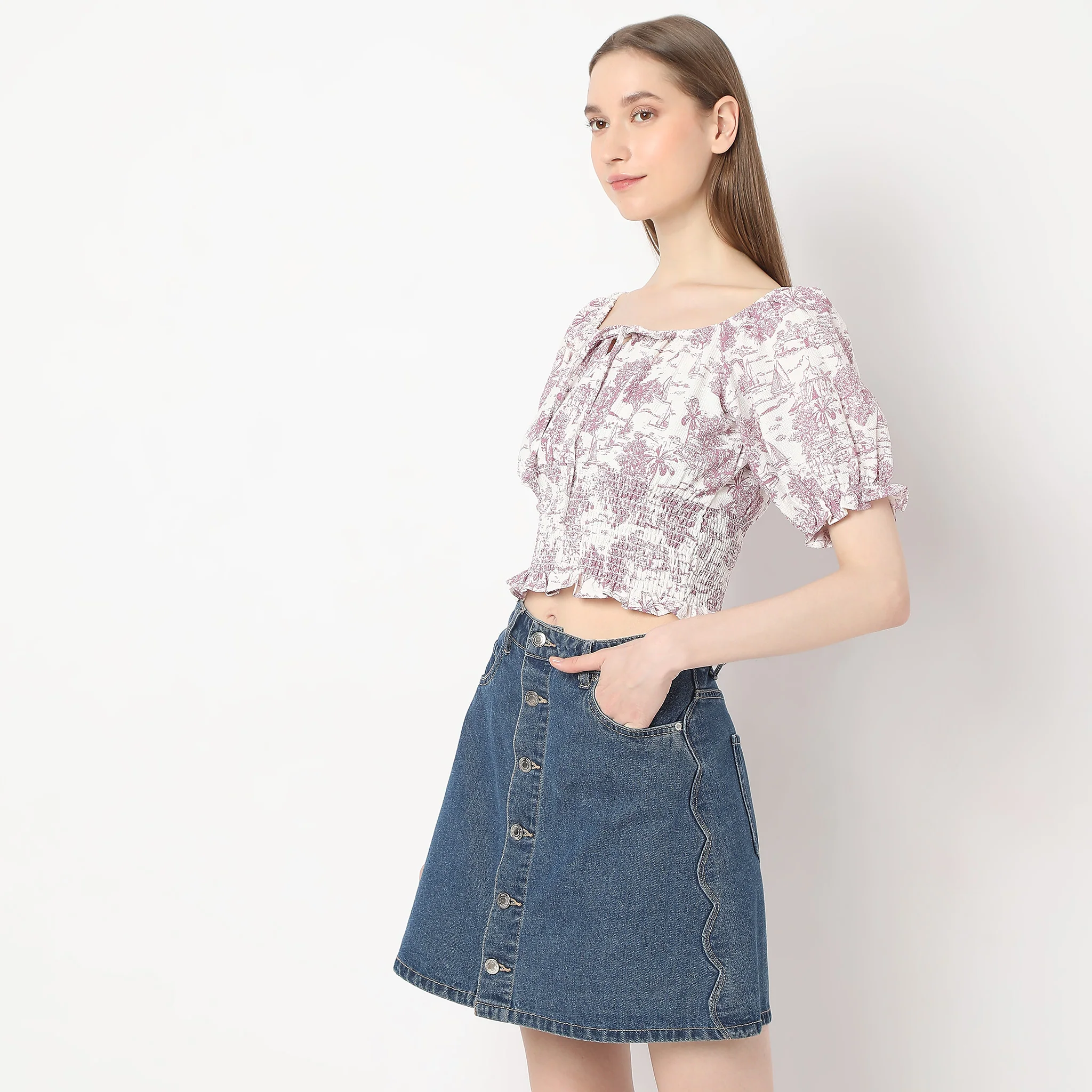 Printed Scoop Neck Ruched Trendy Crop Top - Image 5