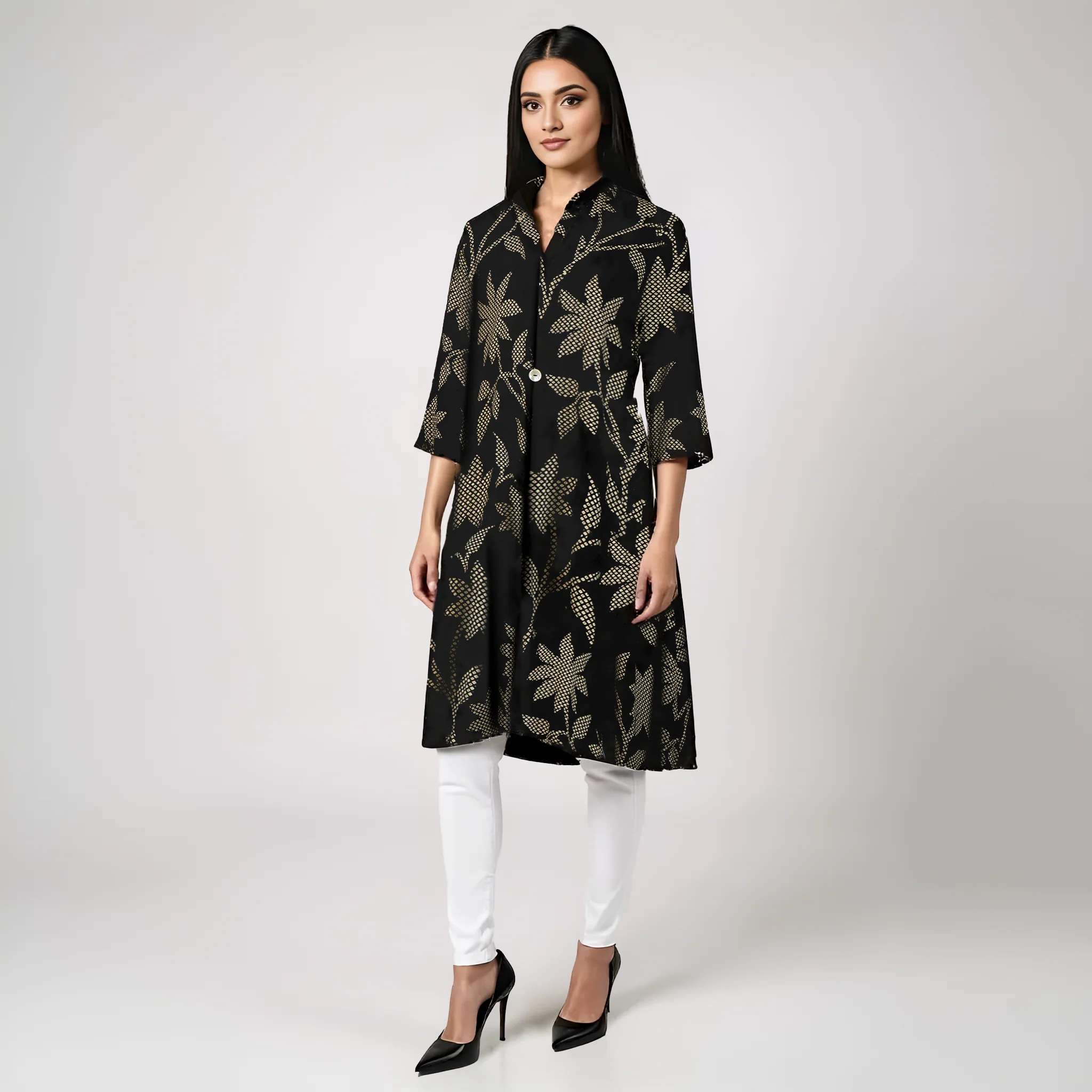 Printed Shirt Collar Flared Kurta - Image 2