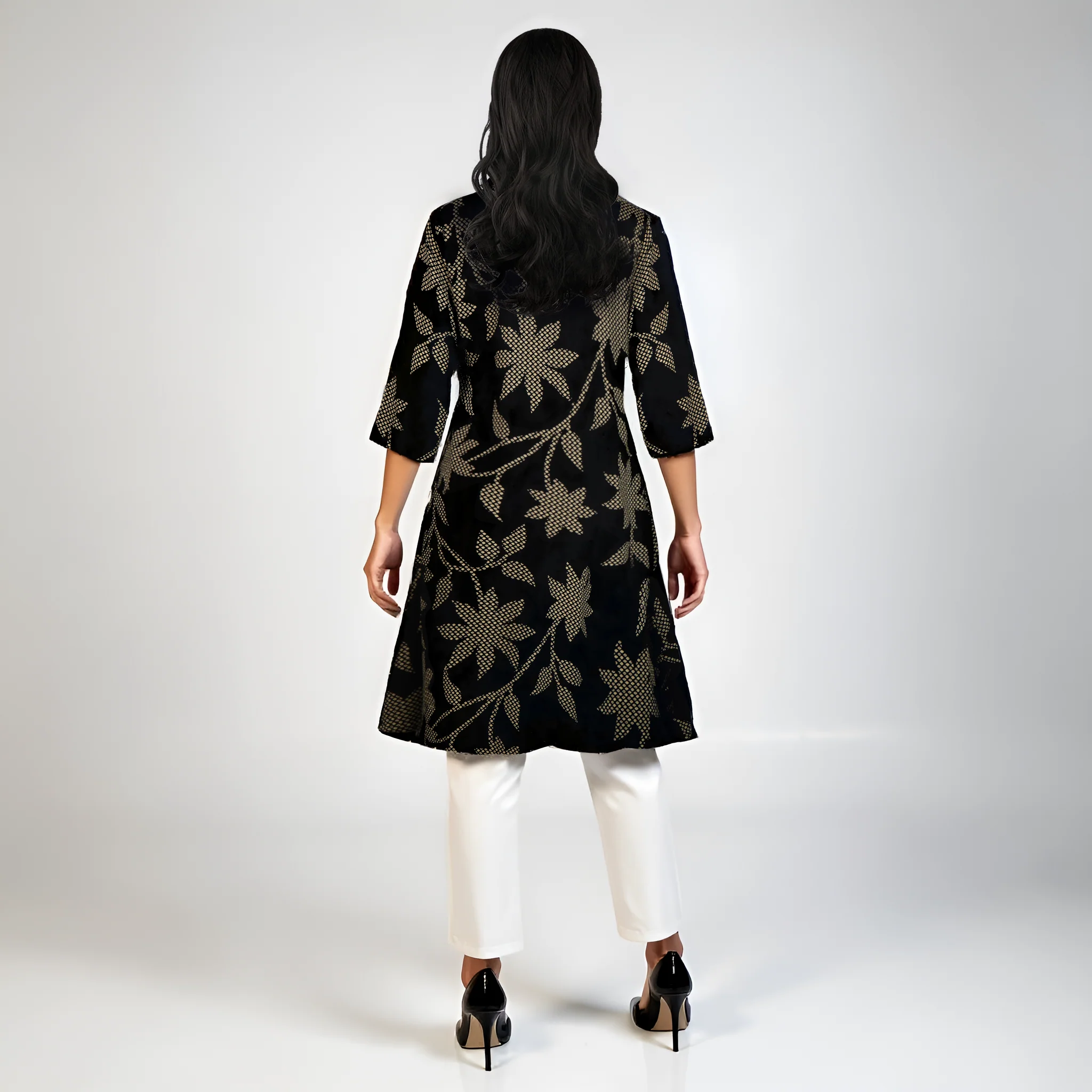 Printed Shirt Collar Flared Kurta - Image 3