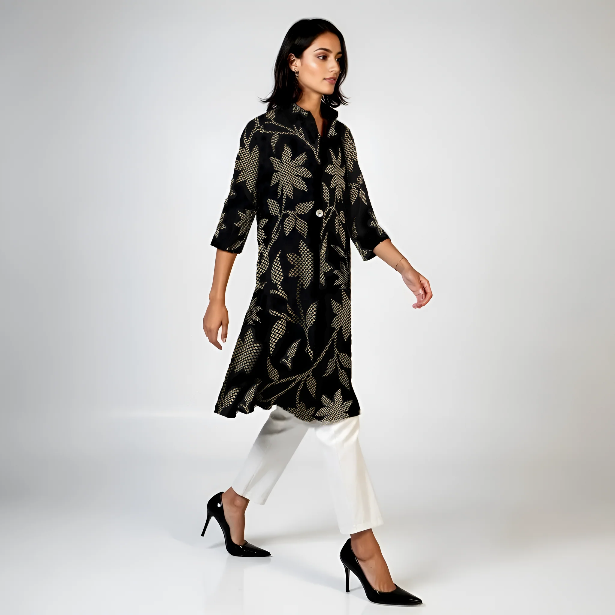 Printed Shirt Collar Flared Kurta - Image 4