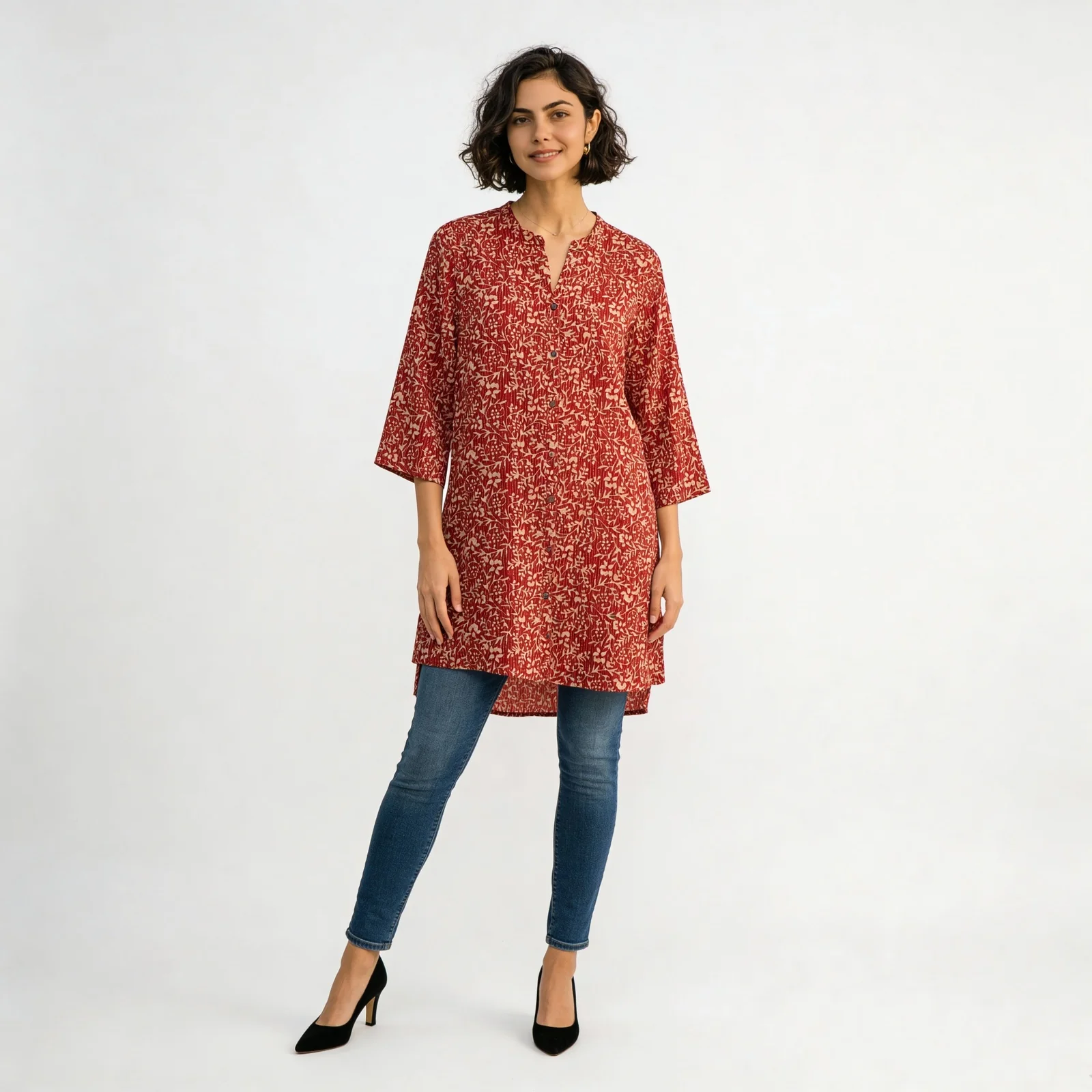 Printed Shirt Collar Short Kurta - Image 2