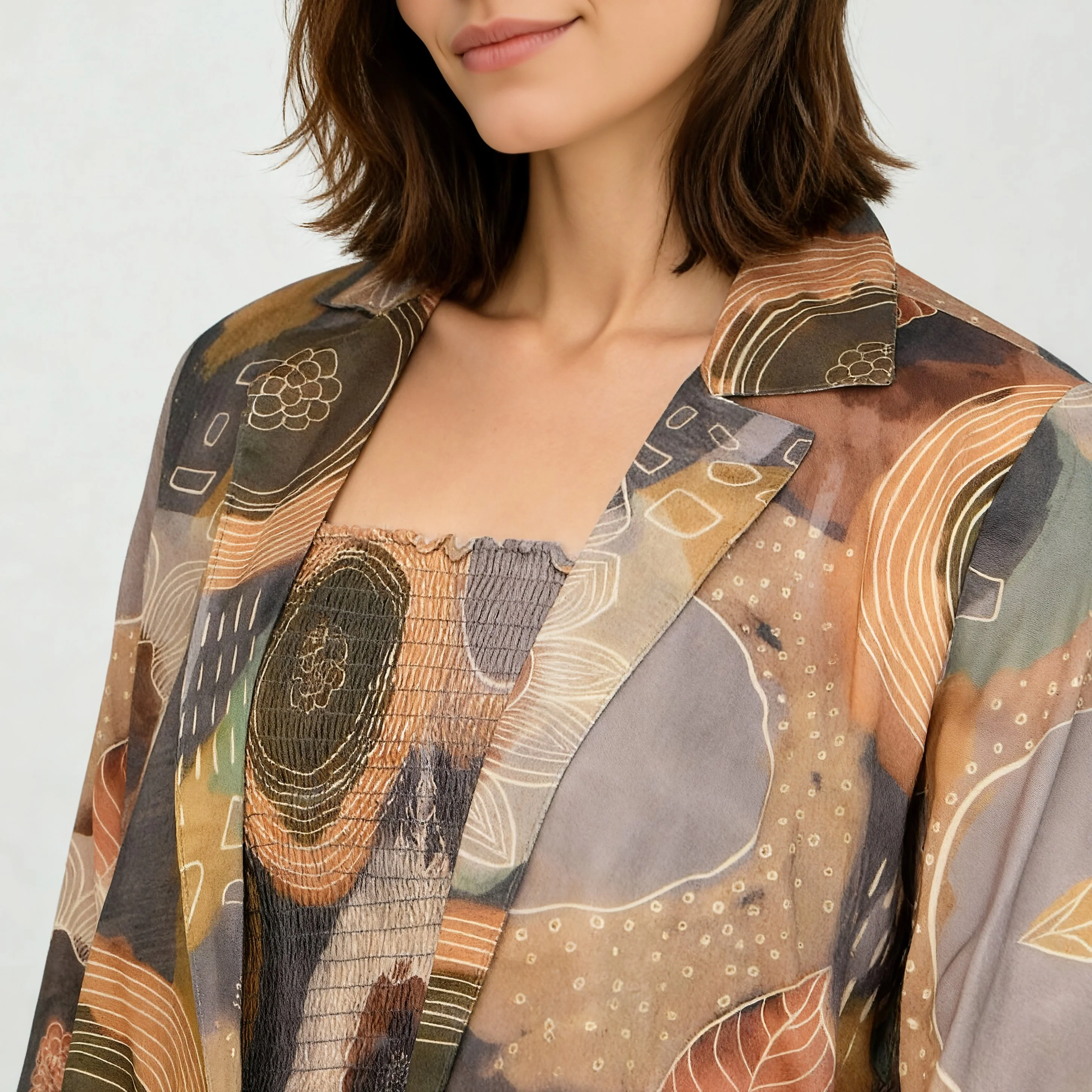 Printed Shirt Collar Shrug With Smocked Crop Top - Image 5