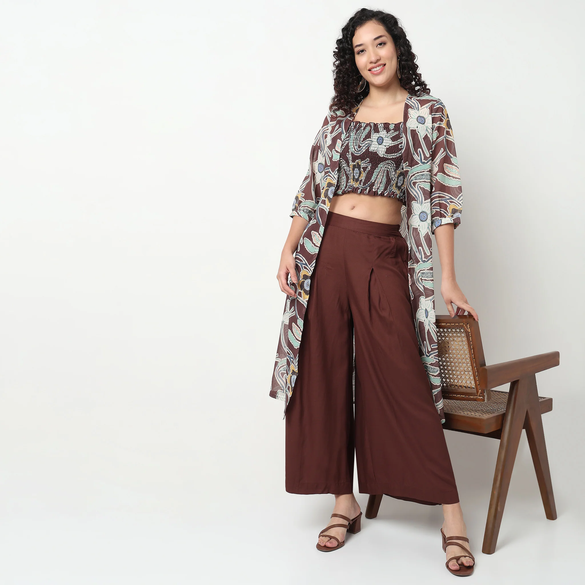 Printed Shrug With Smocked Crop Top and Pant Set