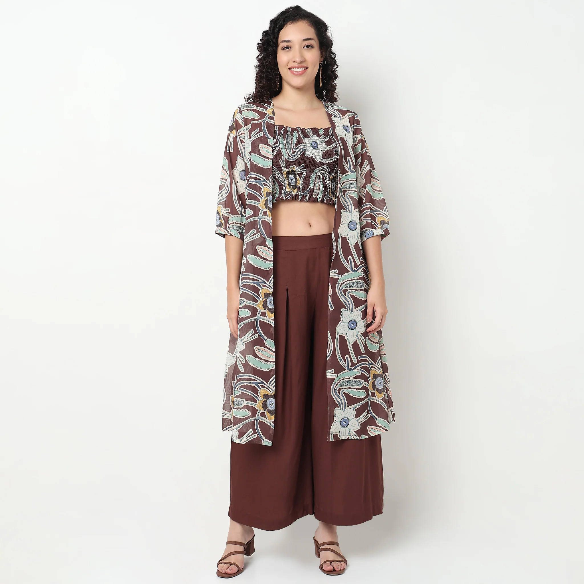 Printed Shrug With Smocked Crop Top and Pant Set - Image 2