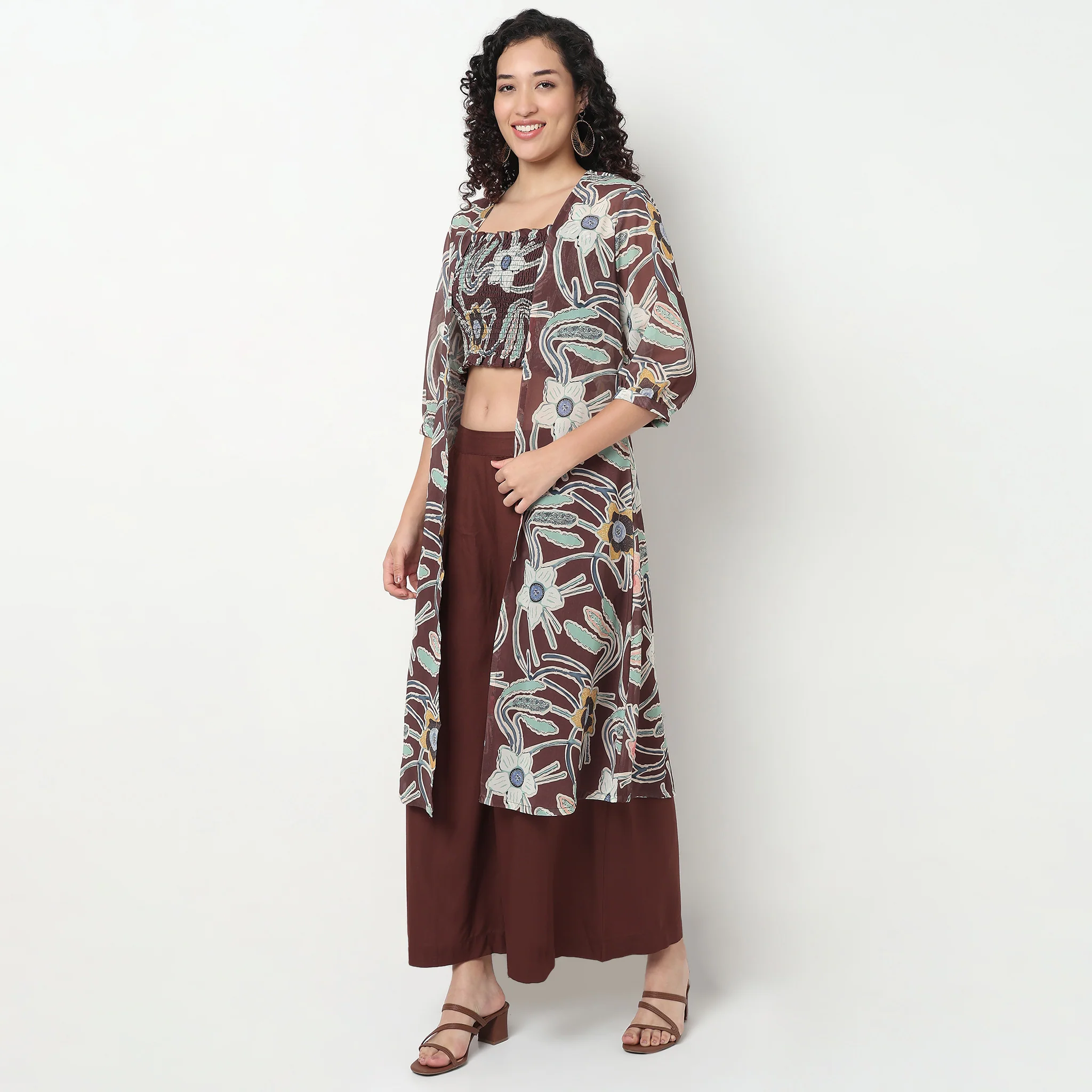 Printed Shrug With Smocked Crop Top and Pant Set - Image 5