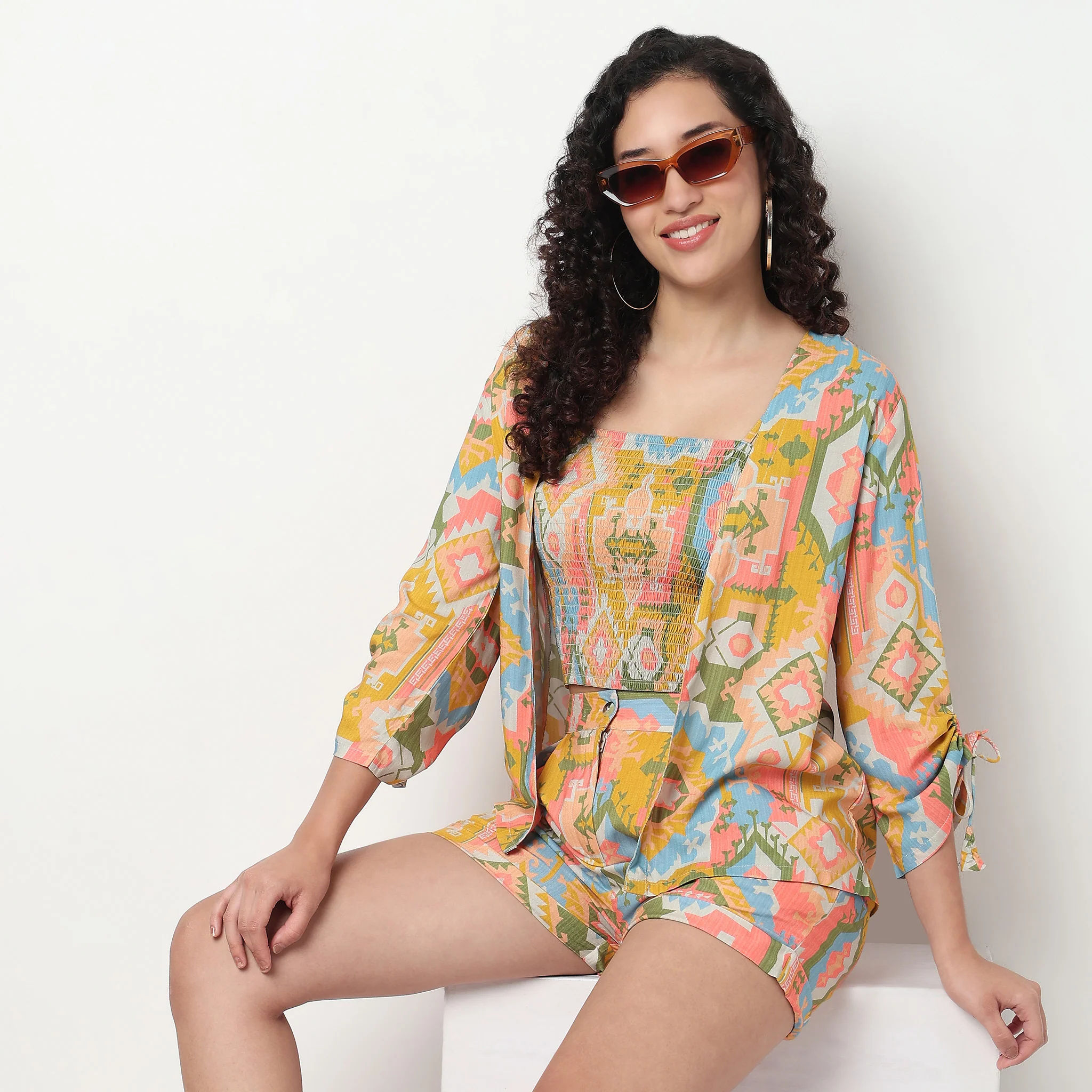 Printed Shrug With Smocked Crop Top Set - Image 2