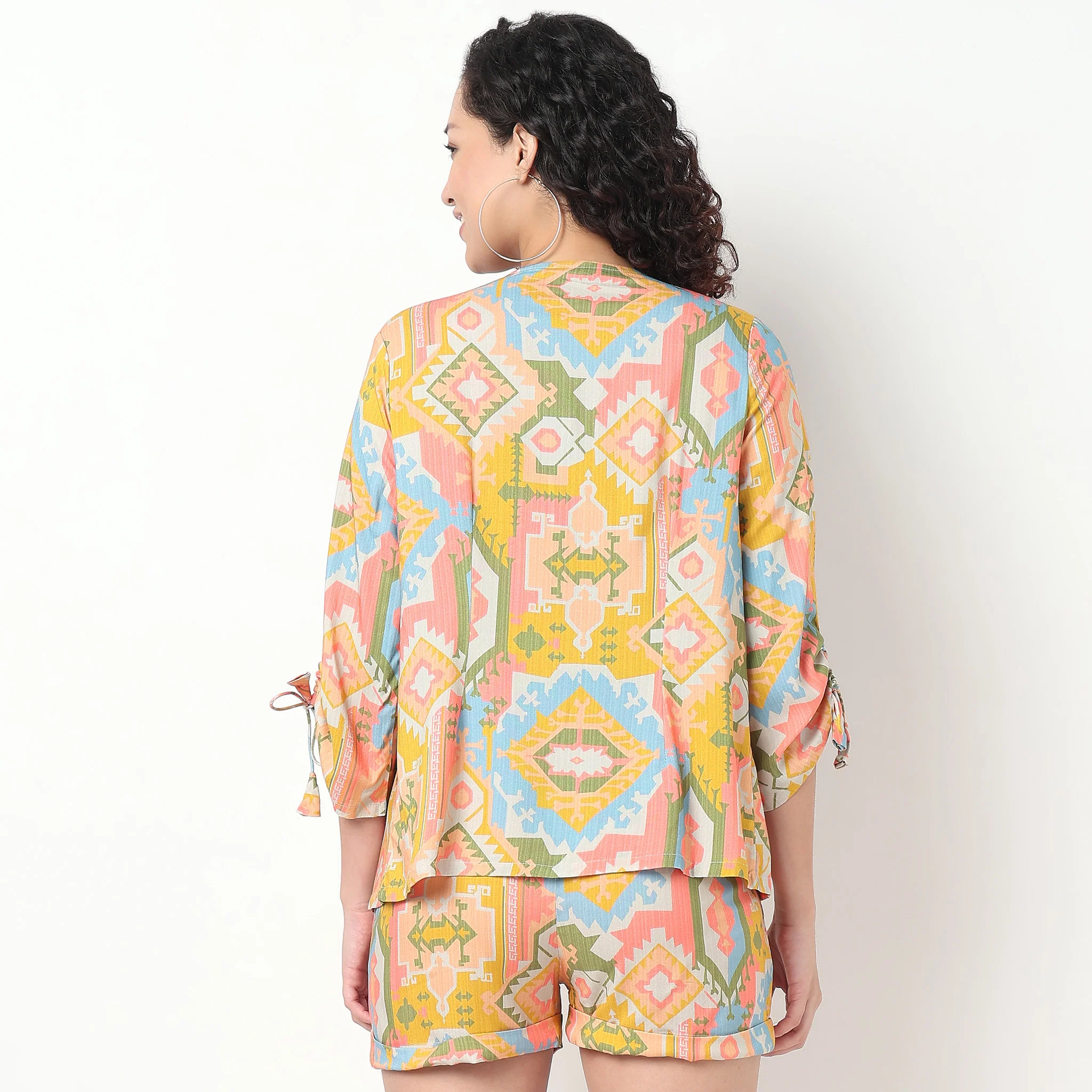 Printed Shrug With Smocked Crop Top Set - Image 3