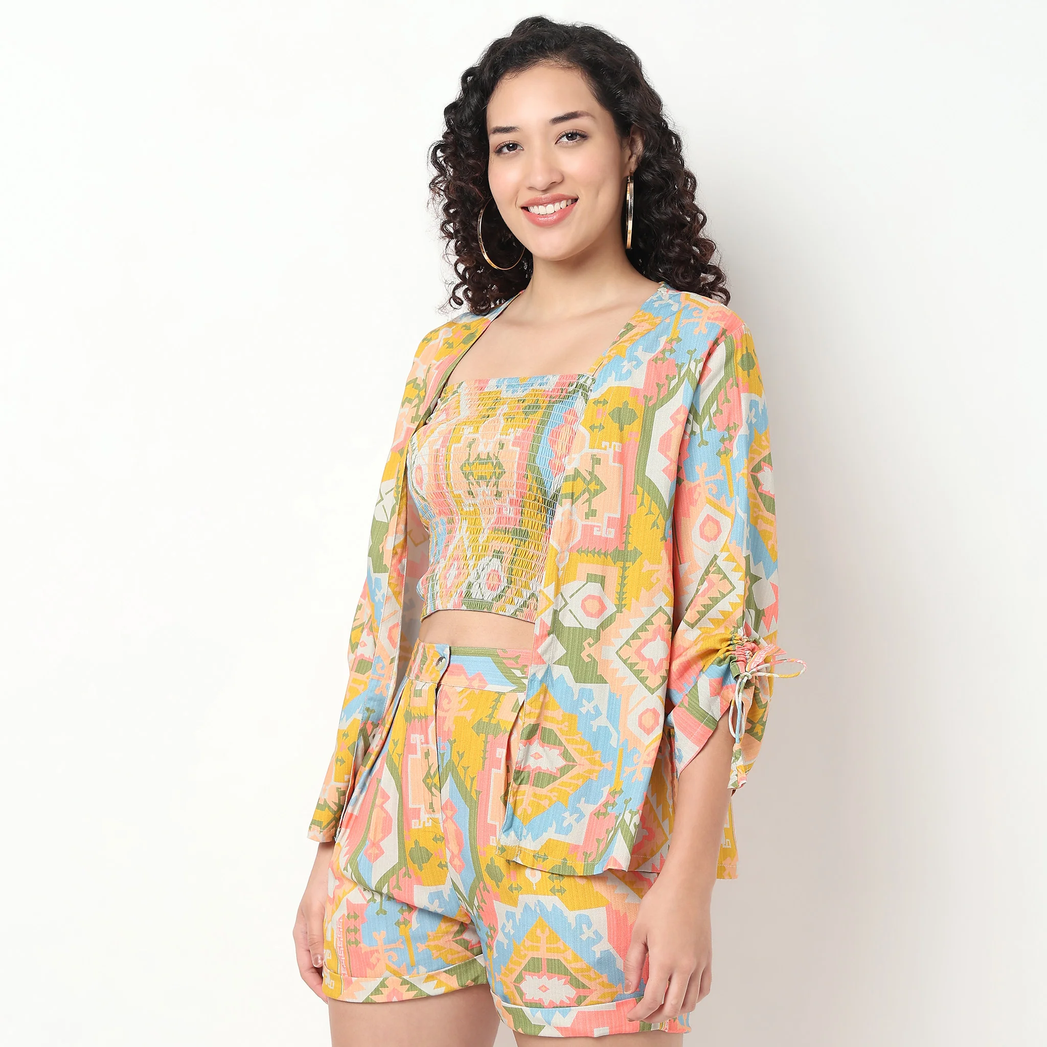 Printed Shrug With Smocked Crop Top Set - Image 5
