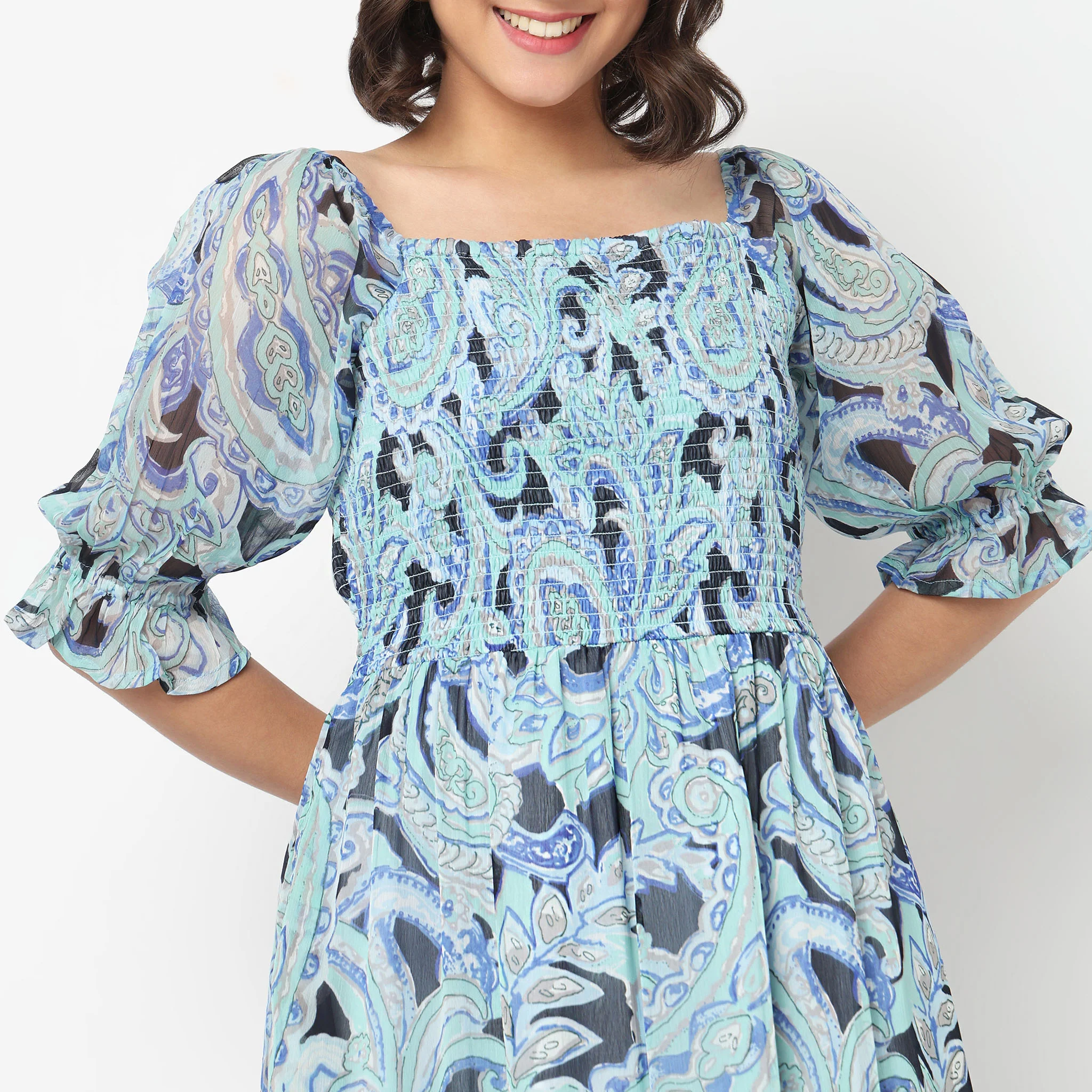 Printed Smocked Tiered Dress - Image 4