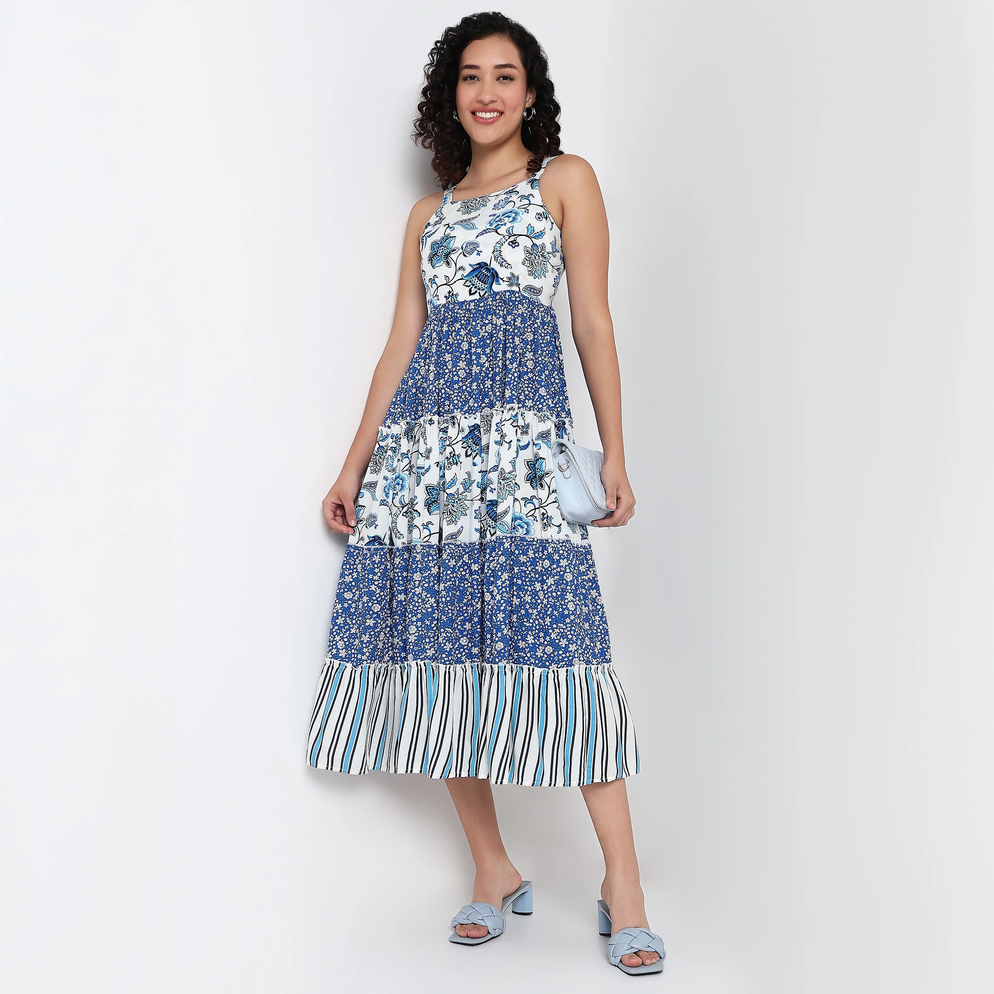Square Neck Printed Strapy Tiered Dress