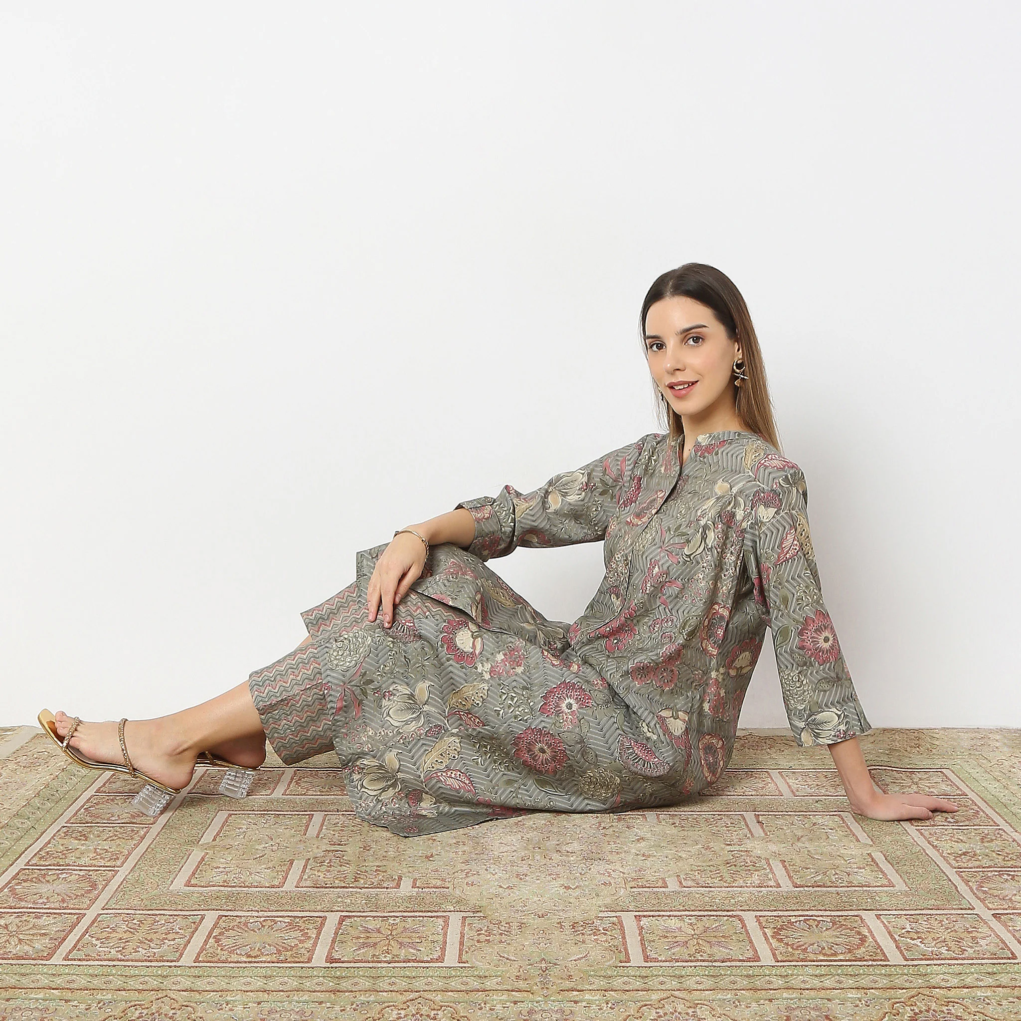 Printed Straight Band Collar A-Line Kurta With Pant Set