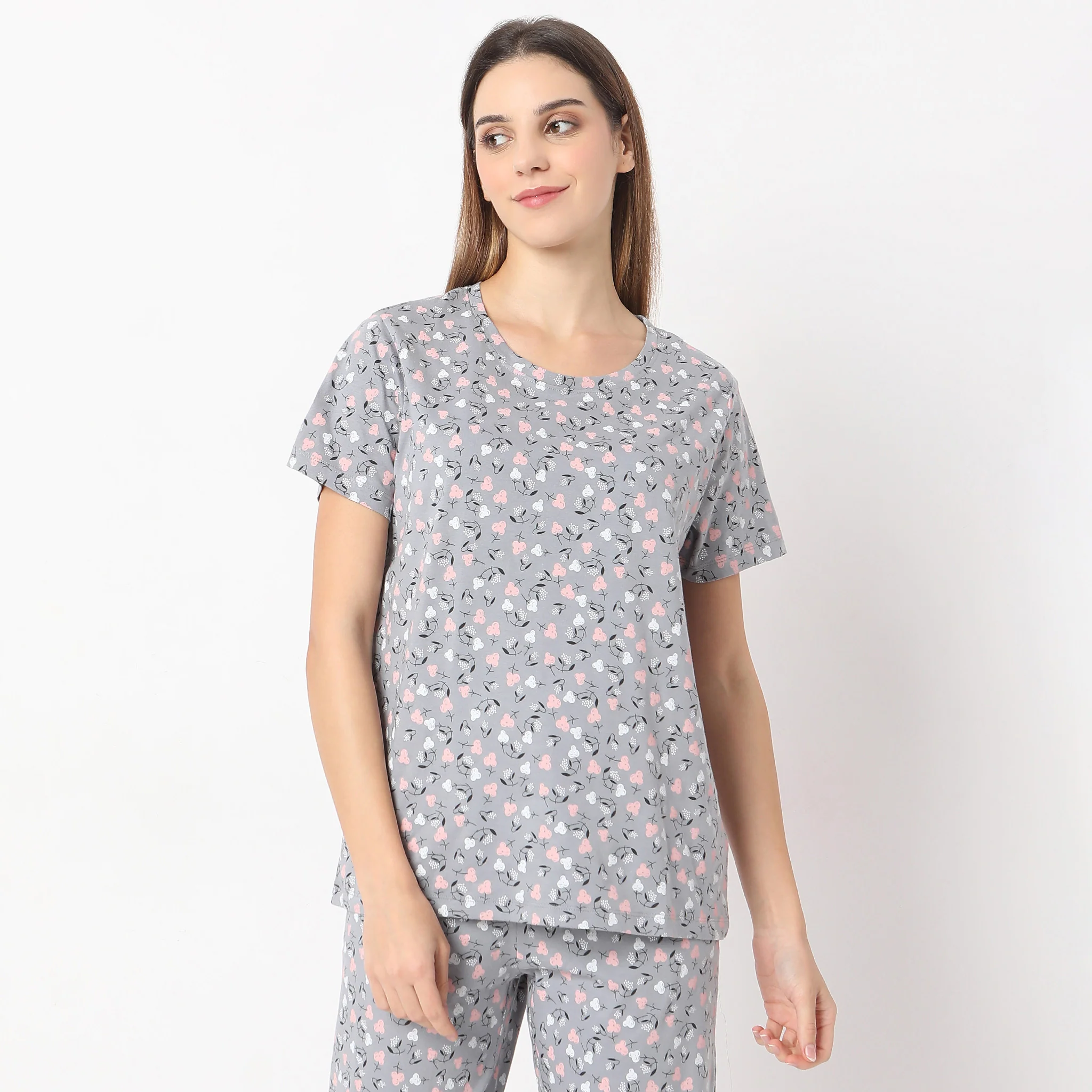 Printed Straight Floral Short Sleeve Lounge T-Shirt - Image 2