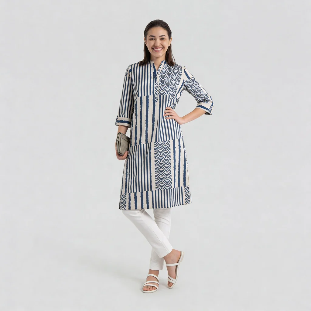 Printed Straight Half Placket Long Kurta