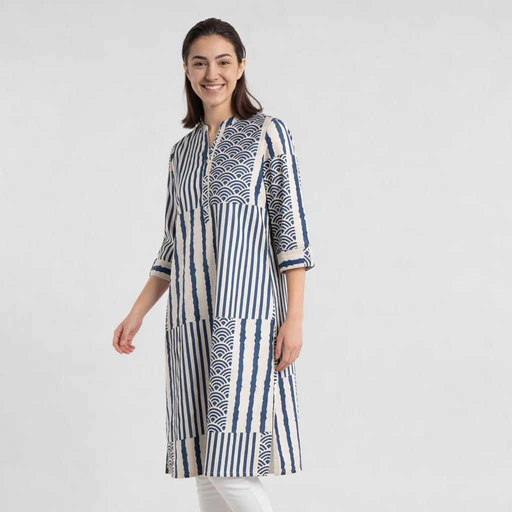 Printed Straight Half Placket Long Kurta - Image 5
