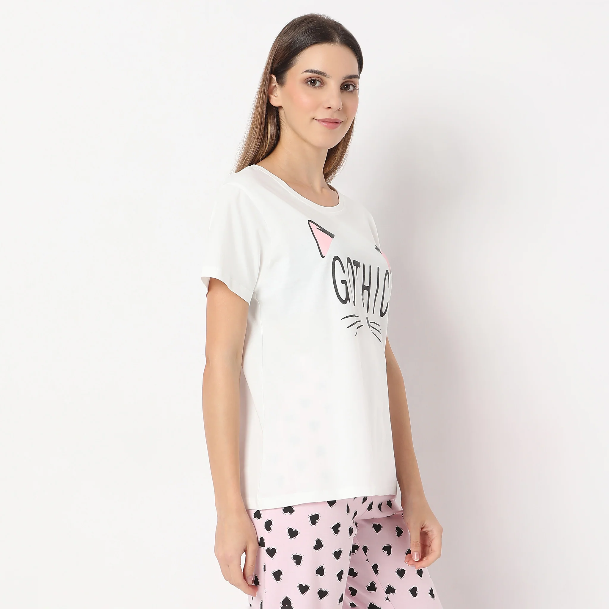 Printed Straight Kitten Short Sleeve Lounge T-Shirt - Image 5