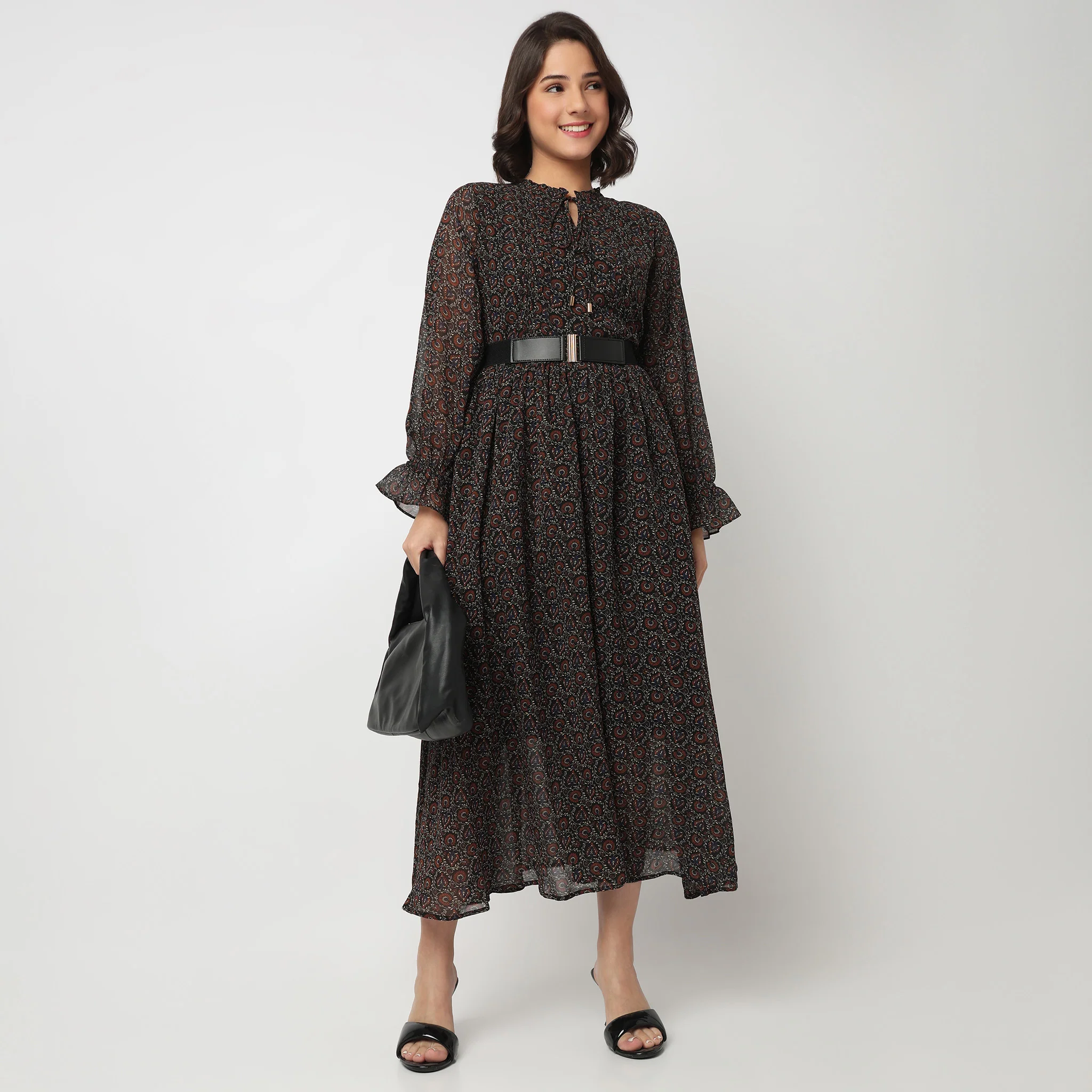 Printed Tie-Up Neck Dress