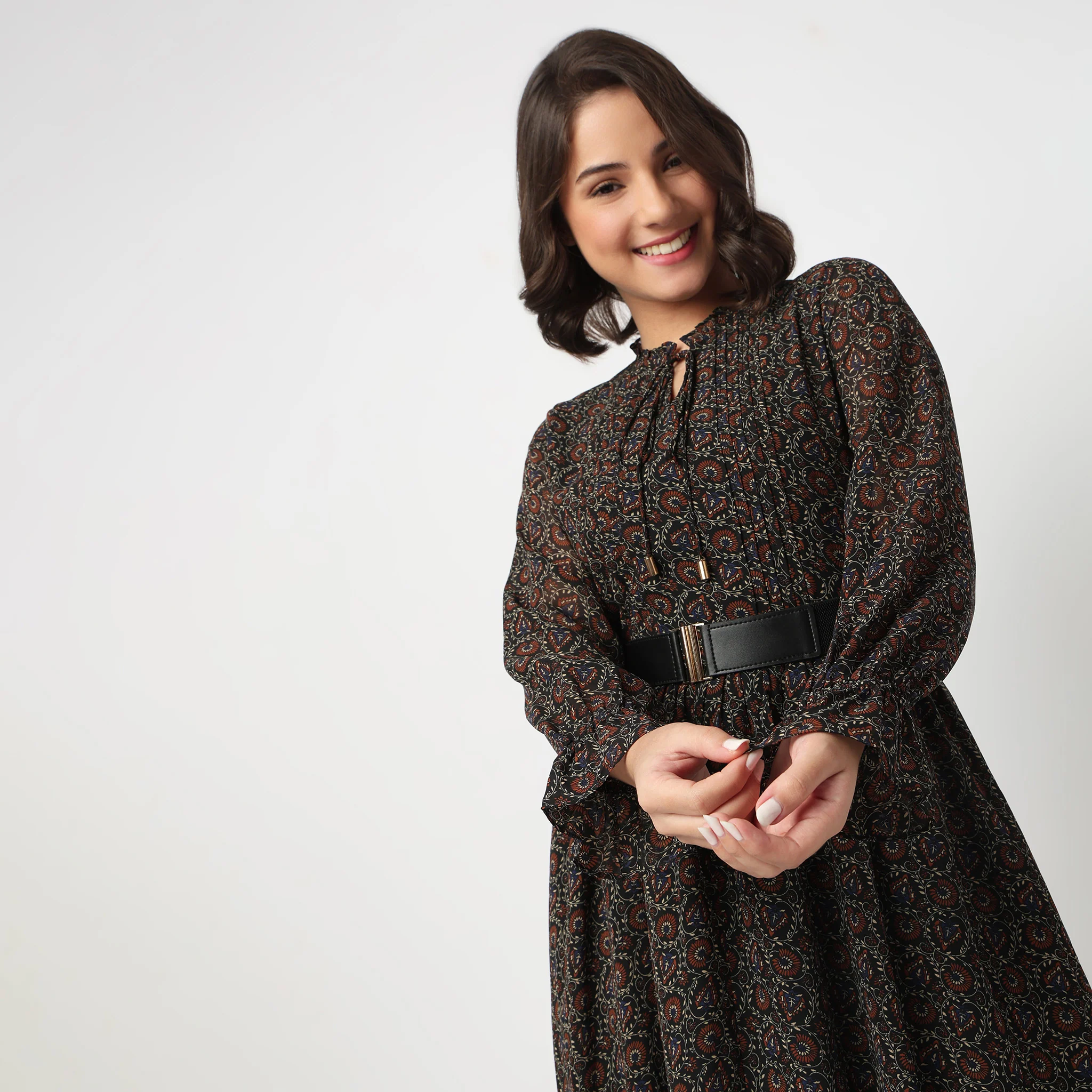 Printed Tie-Up Neck Dress - Image 4